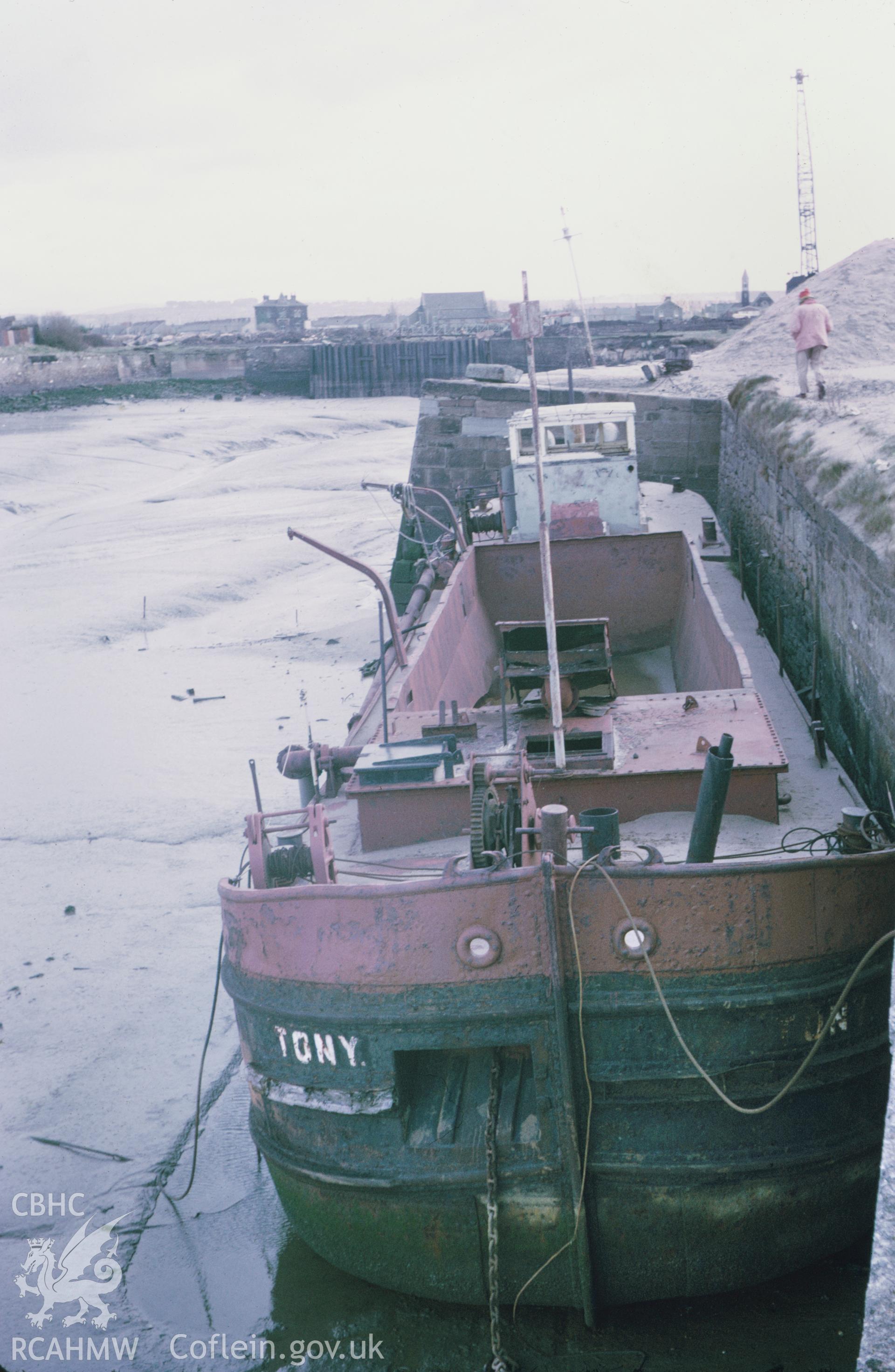 Colour 35mm slide  showing sand boat at Great Western Dock Entrance, Llanelli, Carmarthenshire by Dylan Roberts.