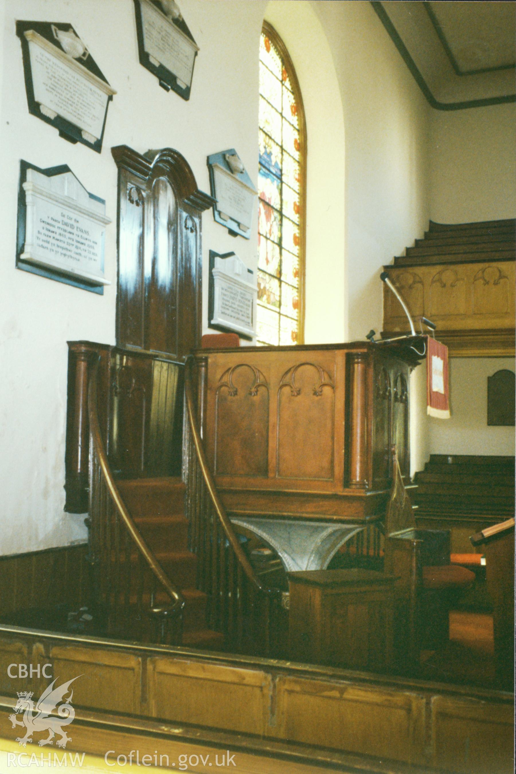 Digital copy of a colour photograph showing an interior view of Heol Awst Welsh Independent Chapel, Lammas Street, Carmarthen, taken by Robert Scourfield, 1996.