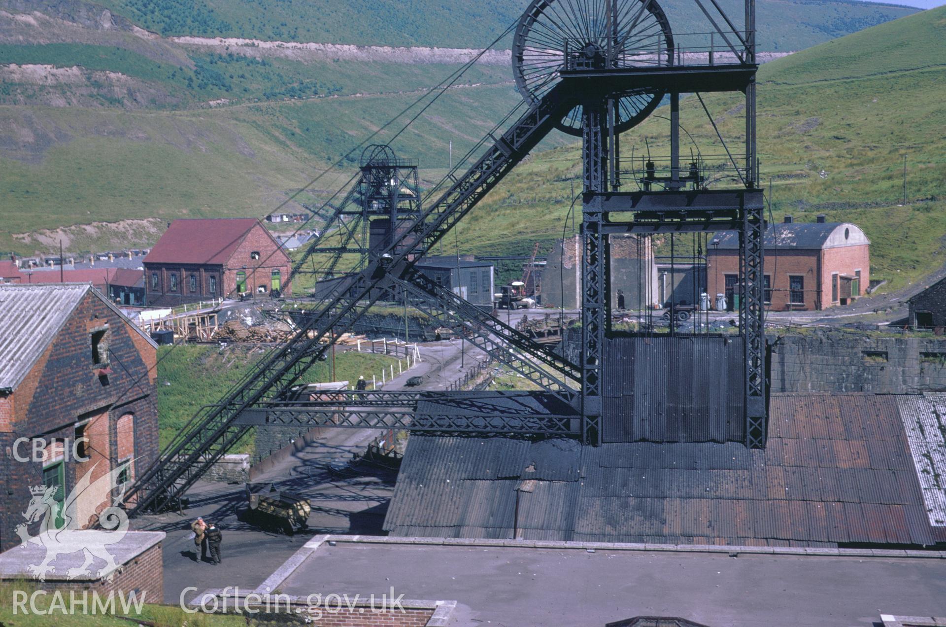 Colour 35mm slide of the pit head at  Abergwnfi Colliery, Glamorgan, by Dylan Roberts, undated.