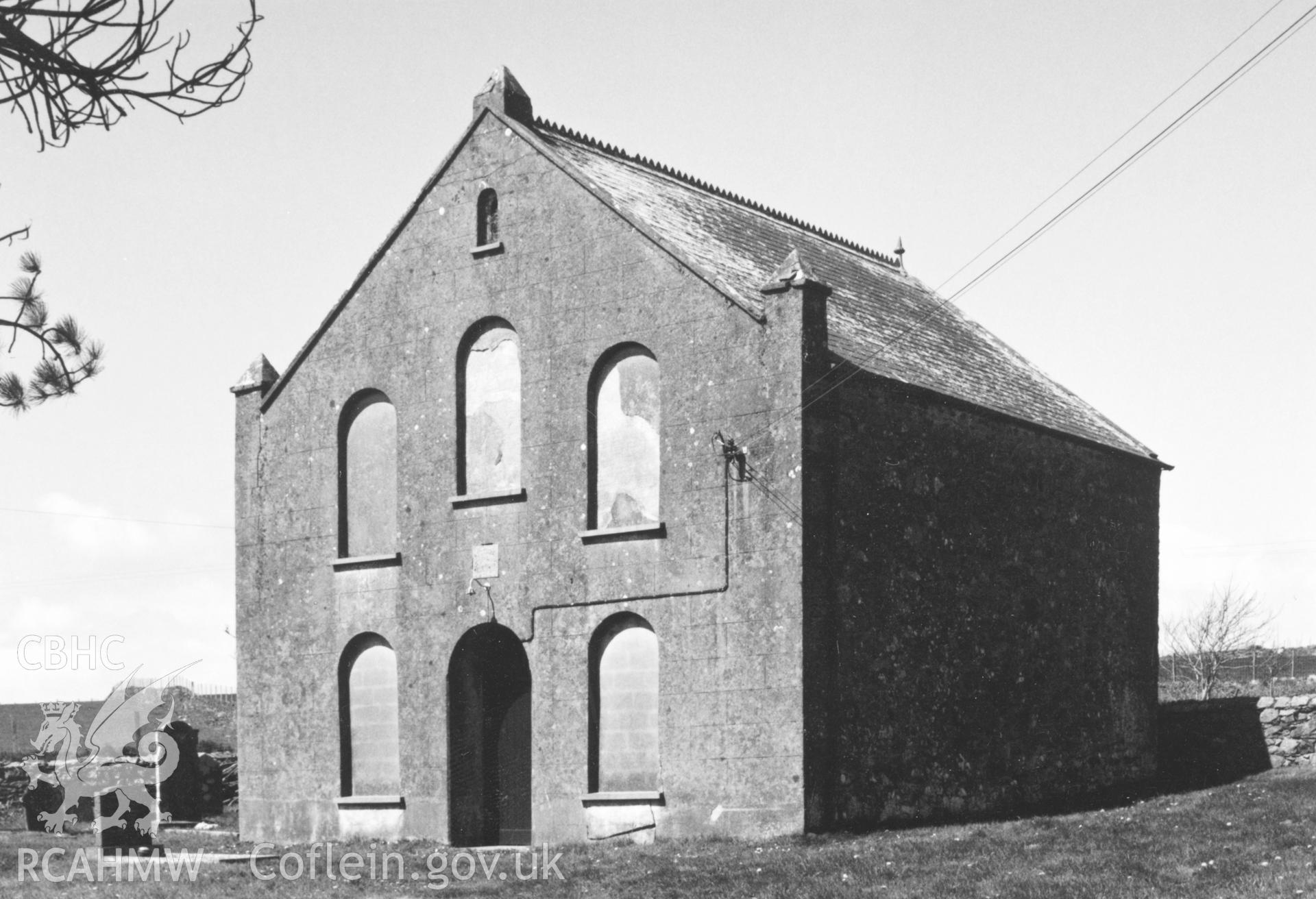 Digital copy of a black and white photograph showing an exterior view of Bethel Baptist Chapel, Treteio taken by Robert Scourfield, c.1996.