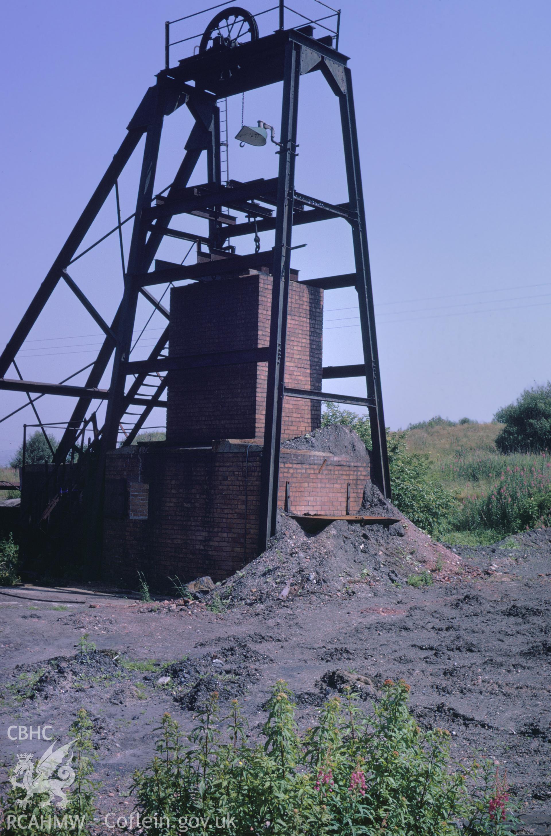 35mm Slide of pit-head frame at Cefn Arda Mine, Near Gorseinon, Glamorgan, by Dylan Roberts.