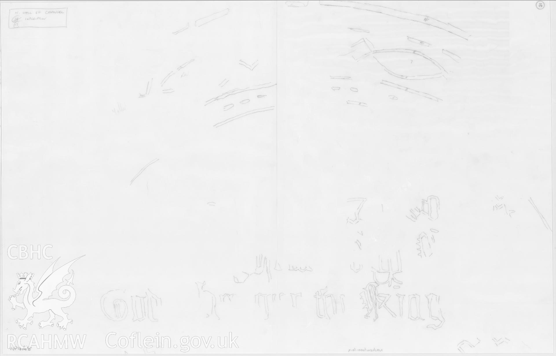 Provisional sketch on tracing paper showing the seventeenth century inscription on the north wall of the chancel, in St Teilo's Church, Llandeilo Talybont, produced by D.J. Roberts and A.J. Parkinson, undated.