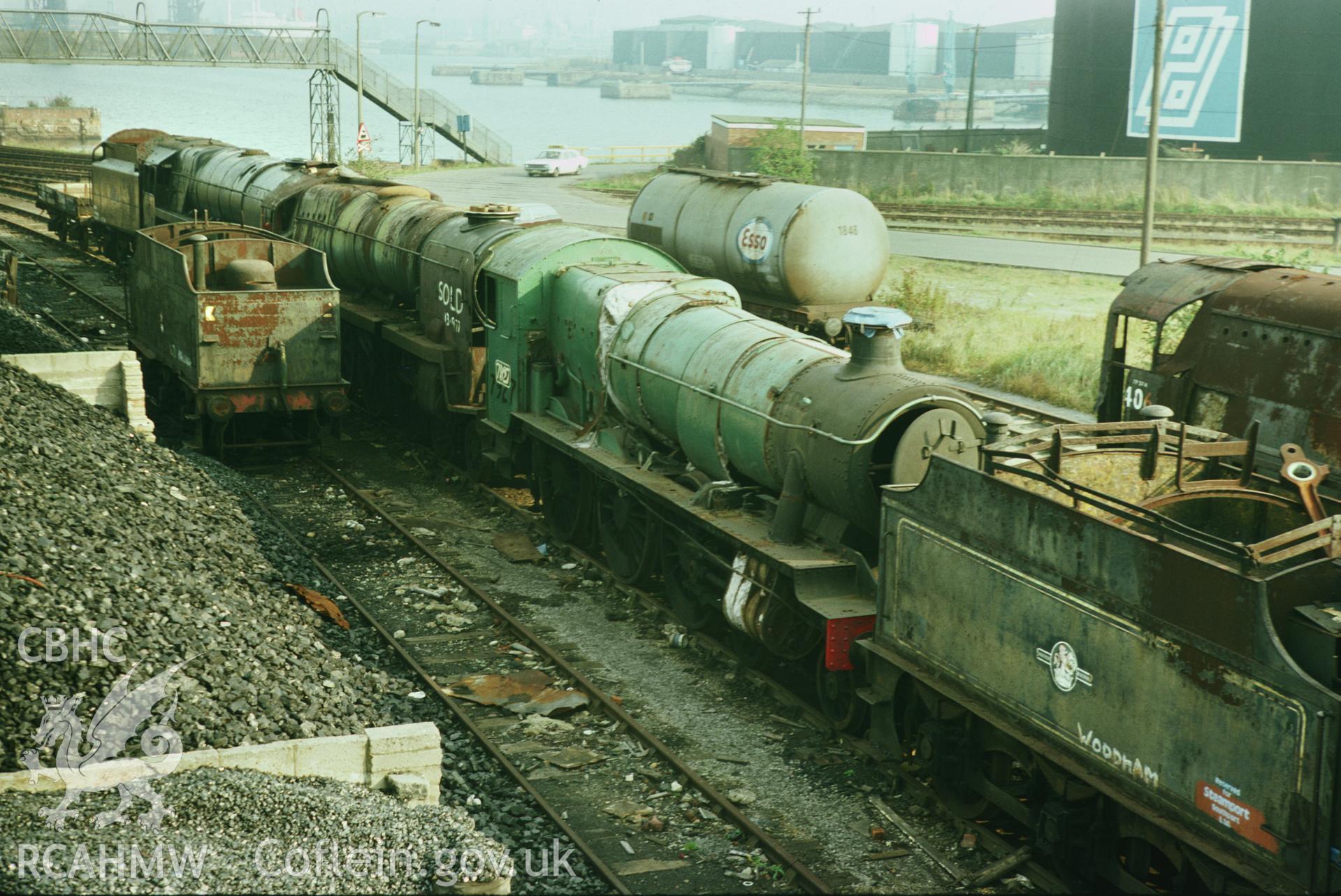 35mm colour slide showing a steam locomotive, at the sidings, Barry Town Station, Glamorgan by Dylan Roberts.