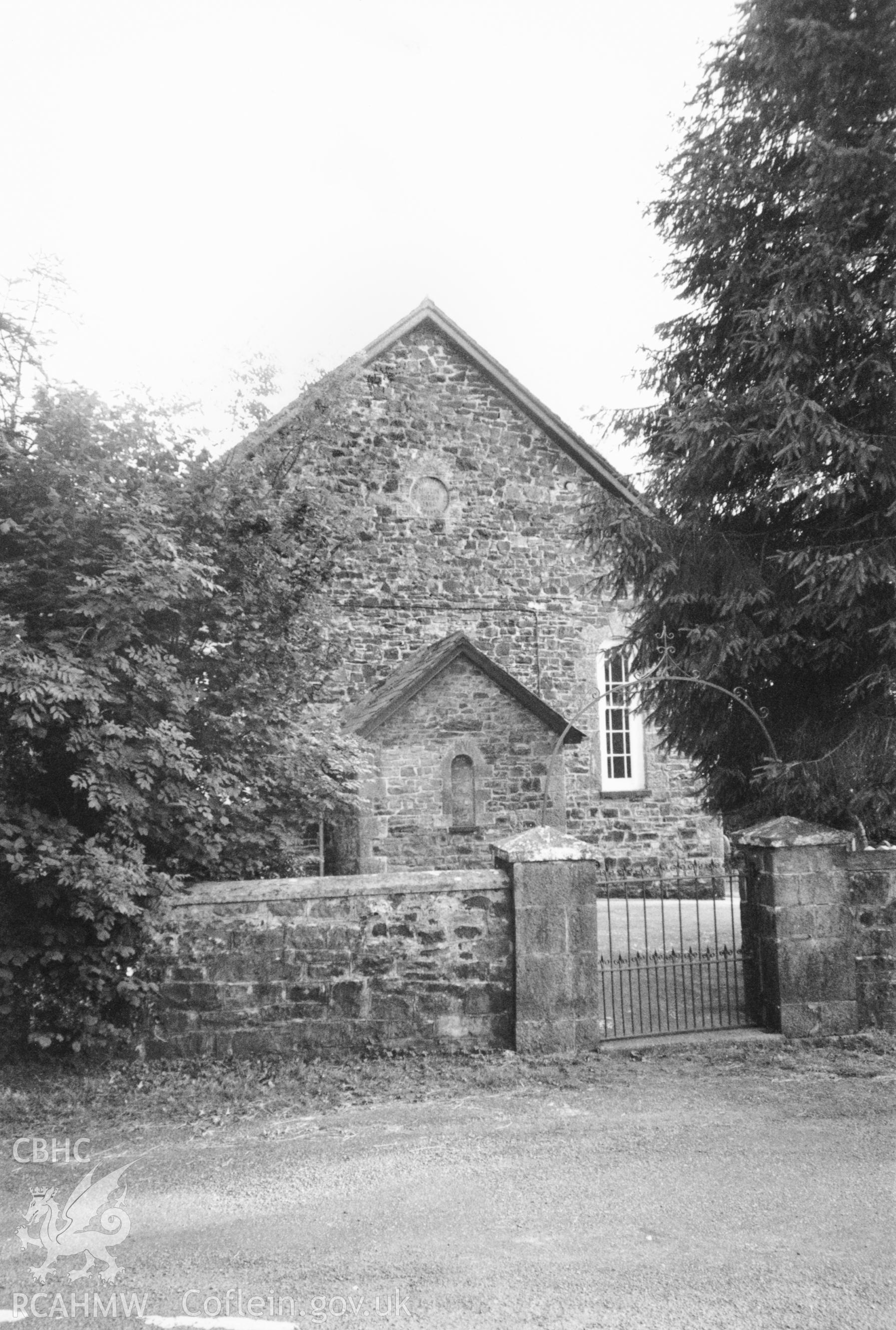 Digital copy of a black and white photograph showing an exterior view of Millin Cross Calvinistic Methodist Chapel,  taken by Robert Scourfield, c.1996.