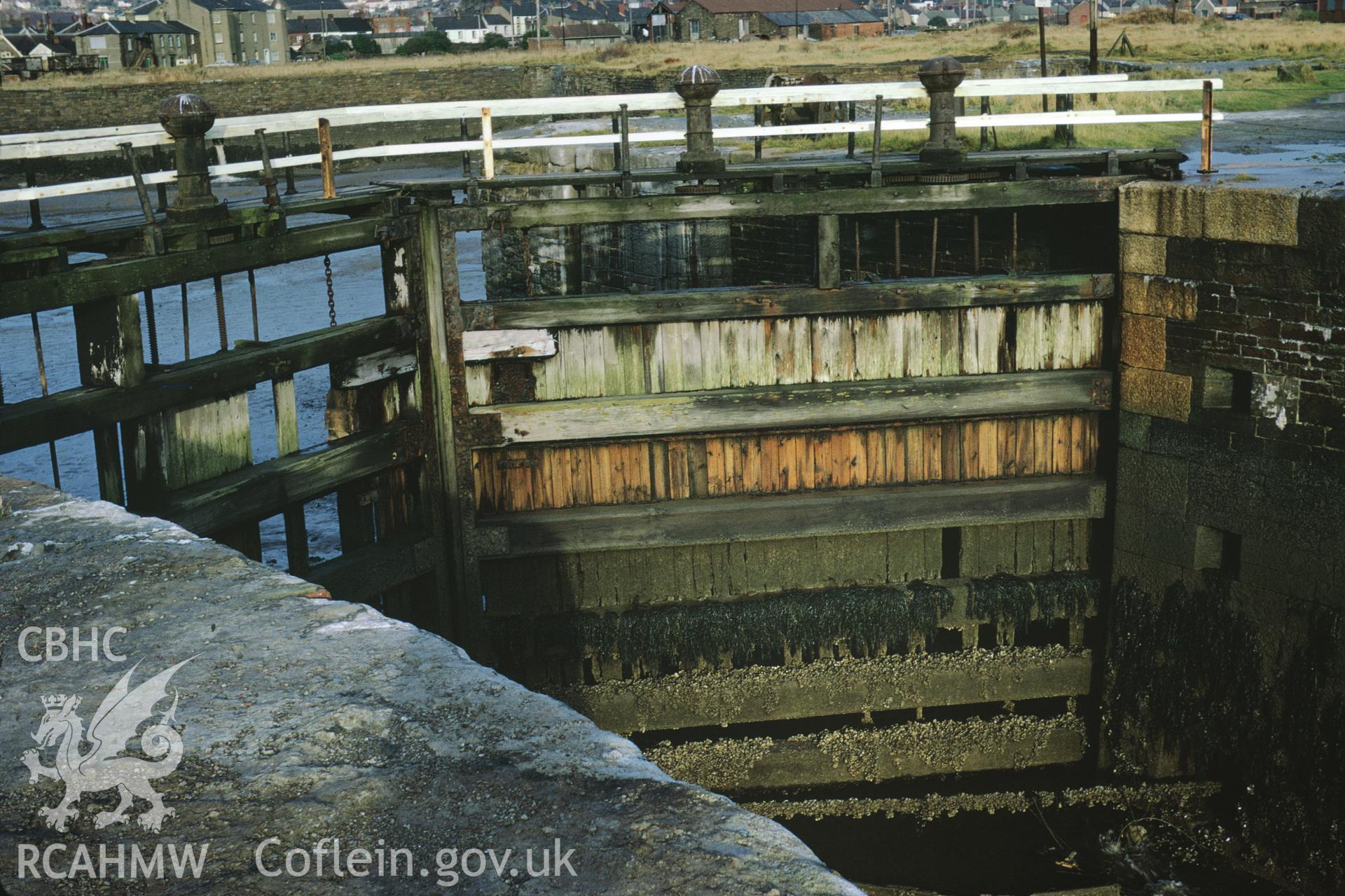 35mm colour slide showing the East Lock Gate, Burry Port Harbour, by Dylan Roberts.