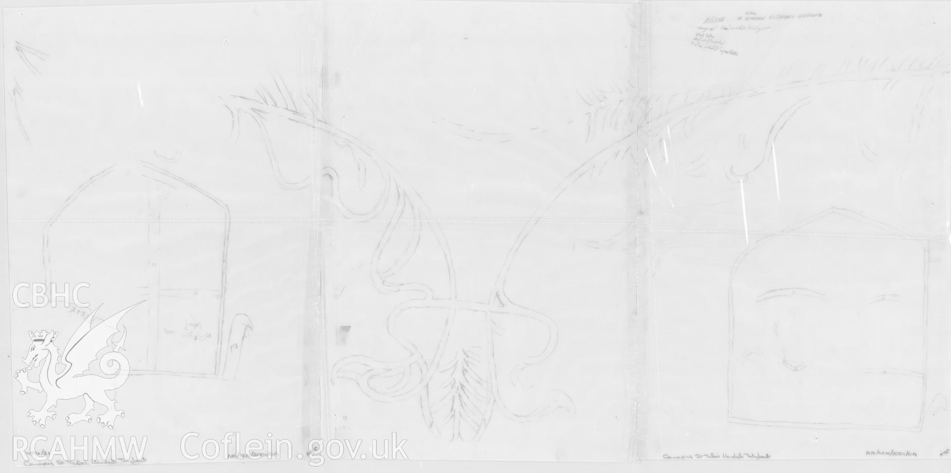 Provisional drawing on tracing paper showing the wall painting of canopies above the window of the north wall in St Teilo's Church, Llandeilo Talybont, produced by A.J. Parkinson, undated.