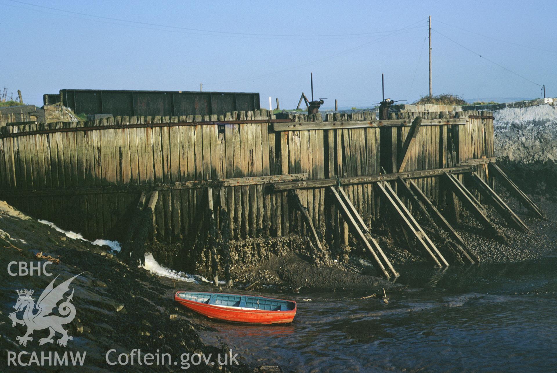 35mm colour slide of coffer dam at Burry Port Harbour, by Dylan Roberts.