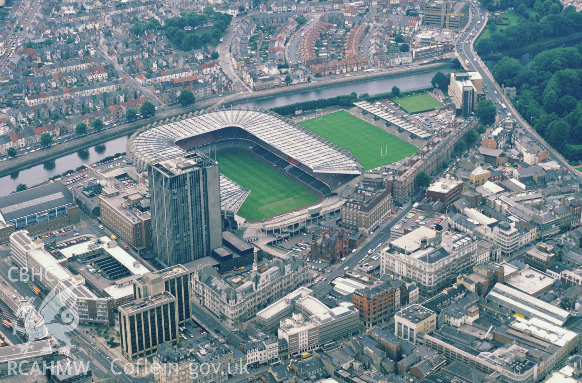 RCAHMW colour slide oblique aerial photograph of Cardiff Arms Park, taken by CR Musson on 03/08/88
