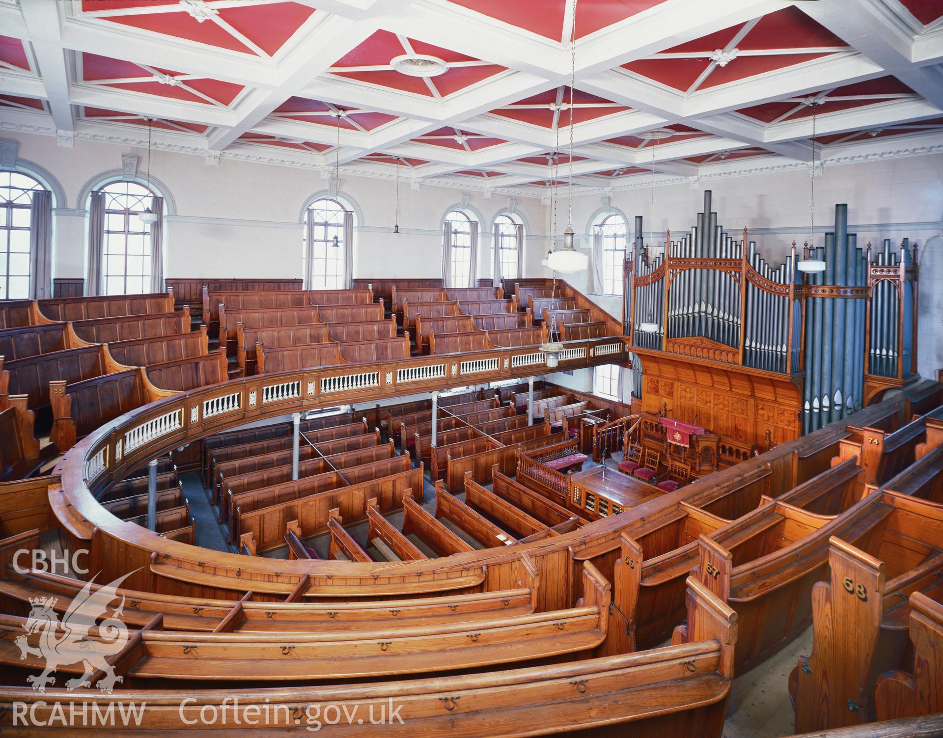 RCAHMW colour transparency showing interior view of Tabernacl Chapel, Aberystwyth, photographed by Iain Wright, 1997.
