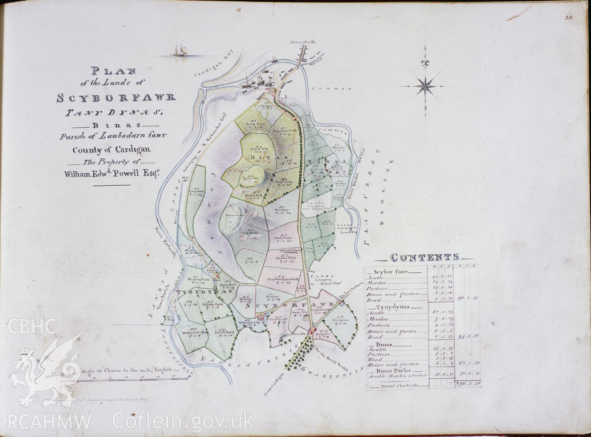 RCAHMW colour transparency of a coloured drawing showing plan of land ownership around Pen Dinas, Aberystwyth c1819