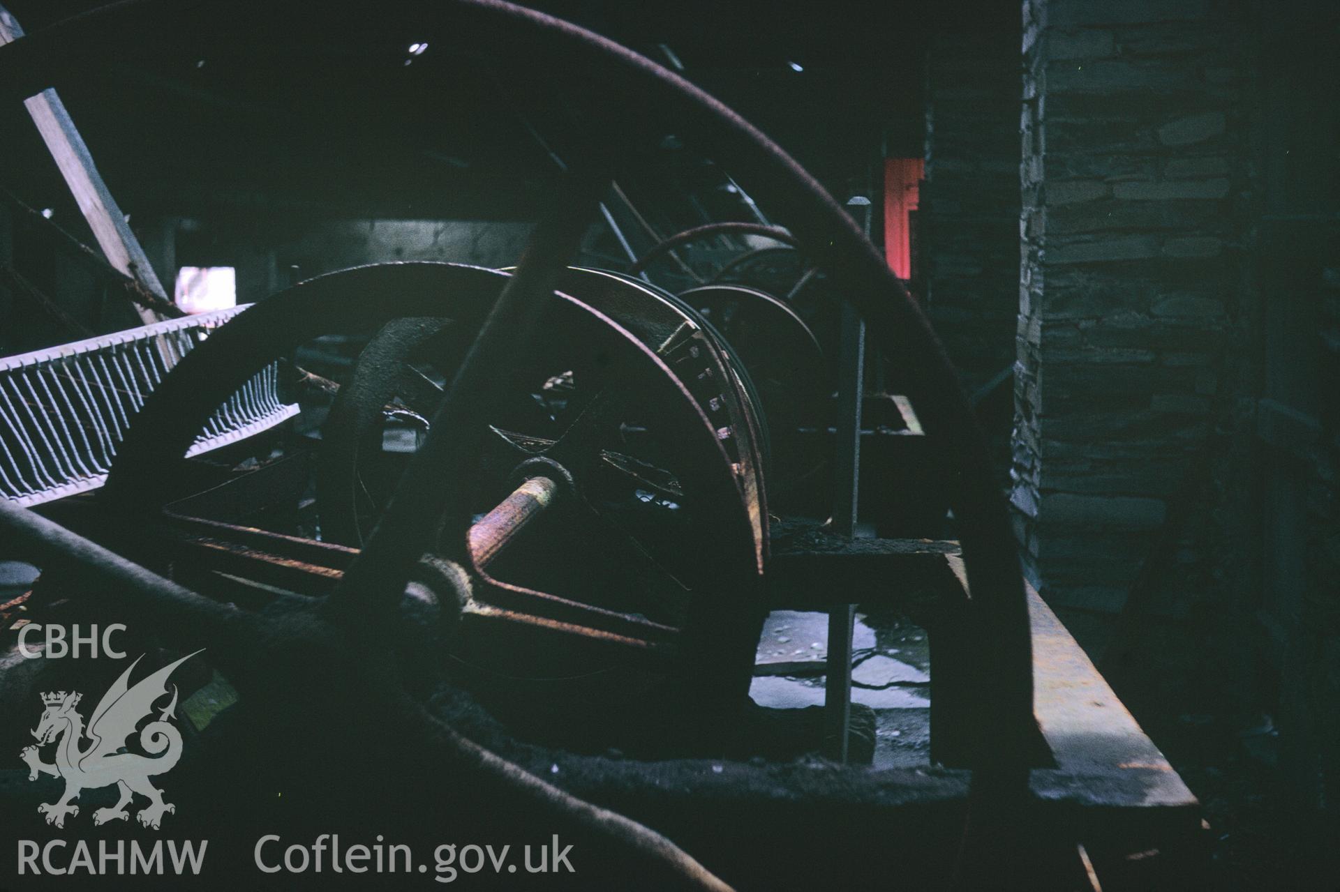 Colour 35mm slide of Oakley Slate Quarry Blaenau Ffestiniog, showing slate cutting machine detail, by Dylan Roberts, undated.