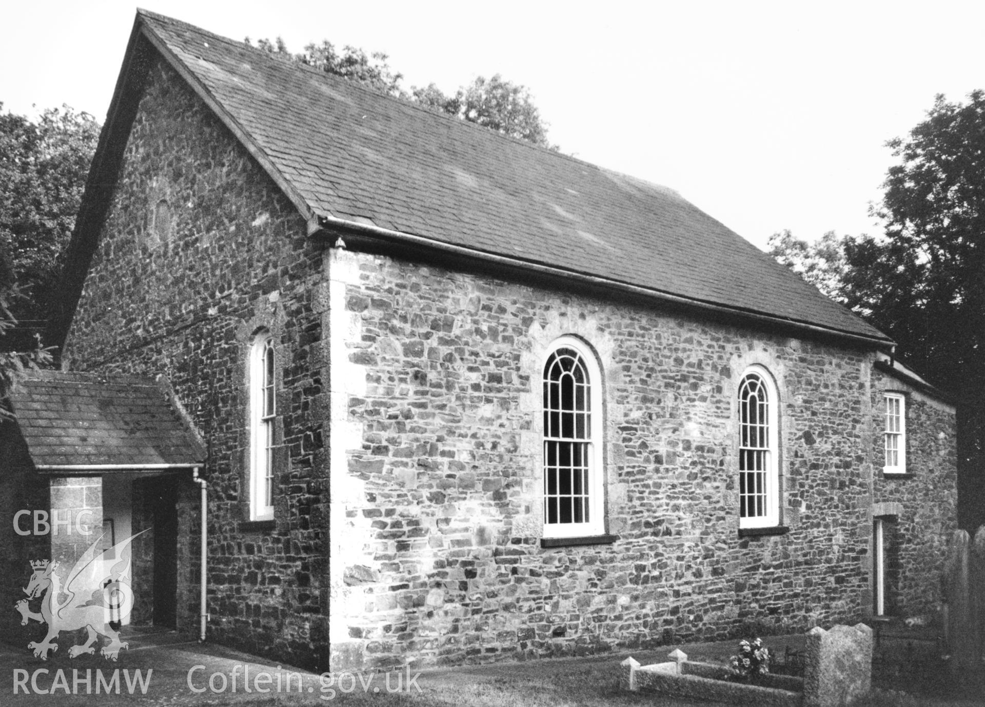 Digital copy of a black and white photograph showing an exterior view of Millin Cross Calvinistic Methodist Chapel,  taken by Robert Scourfield, c.1996.