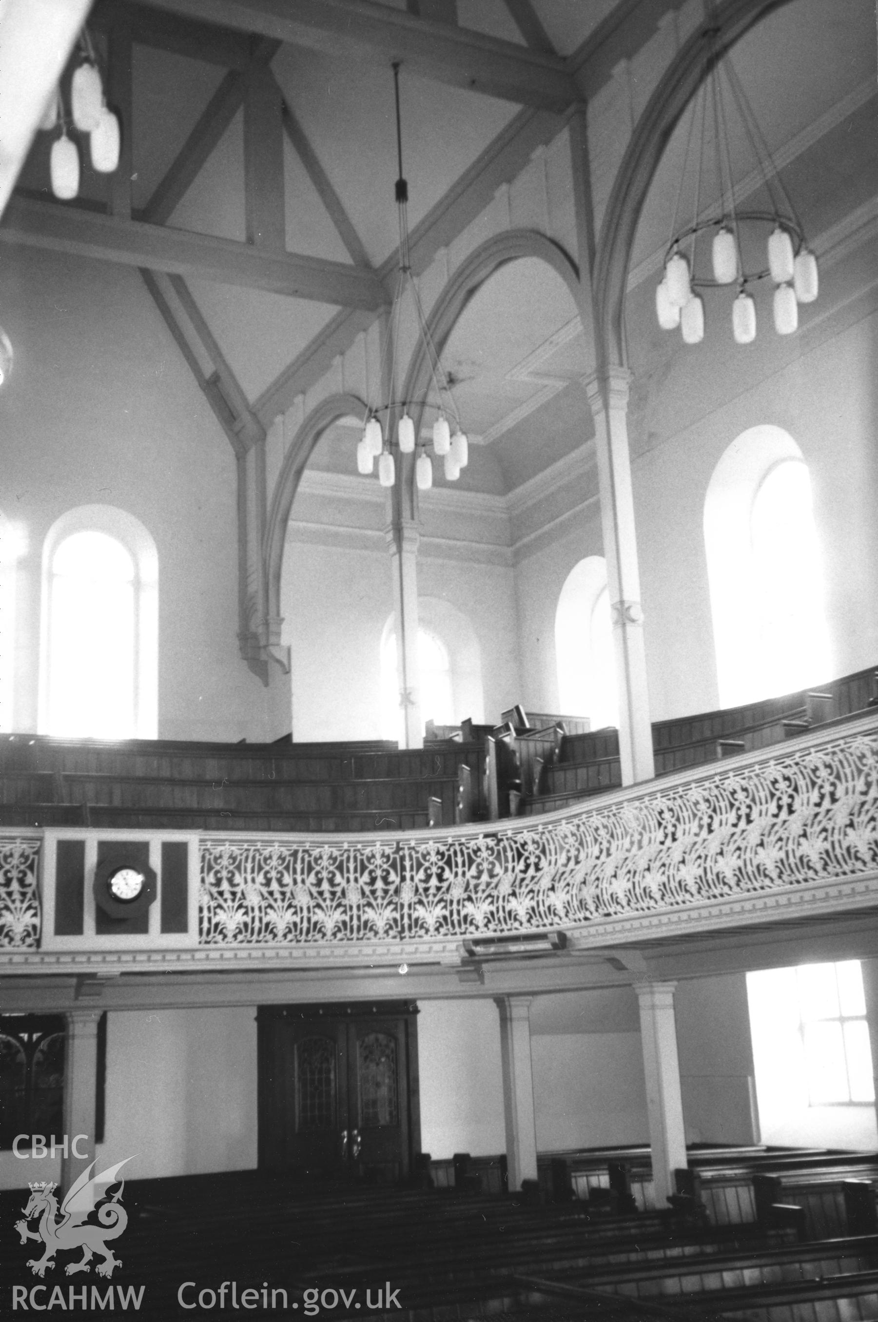 Digital copy of a black and white photograph showing an interior view of Bethany English Baptist Chapel, Pembroke Dock, taken by Robert Scourfield, c.1996.