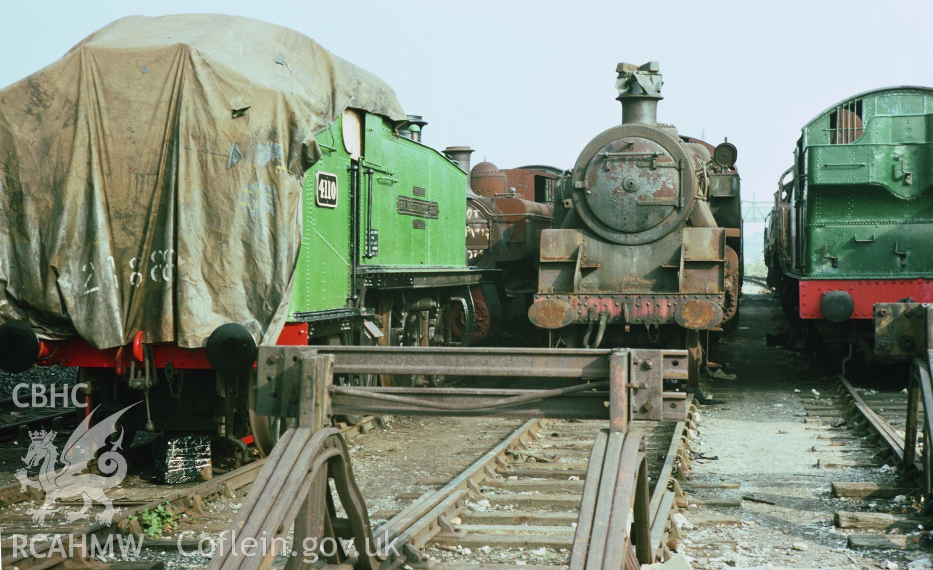 35mm colour slide showing steam locomotives in the sidings at Barry Town Station, Glamorgan, by Dylan Roberts.