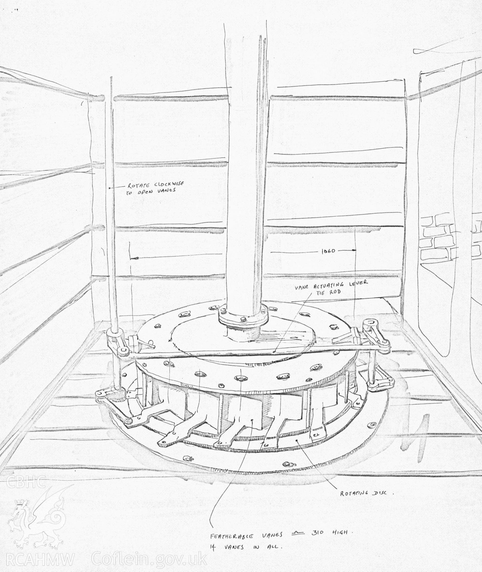 Copy of a measured drawing showing detail of the turbine at Clydach Foundry, produced by J.D. Goodband, 1979.