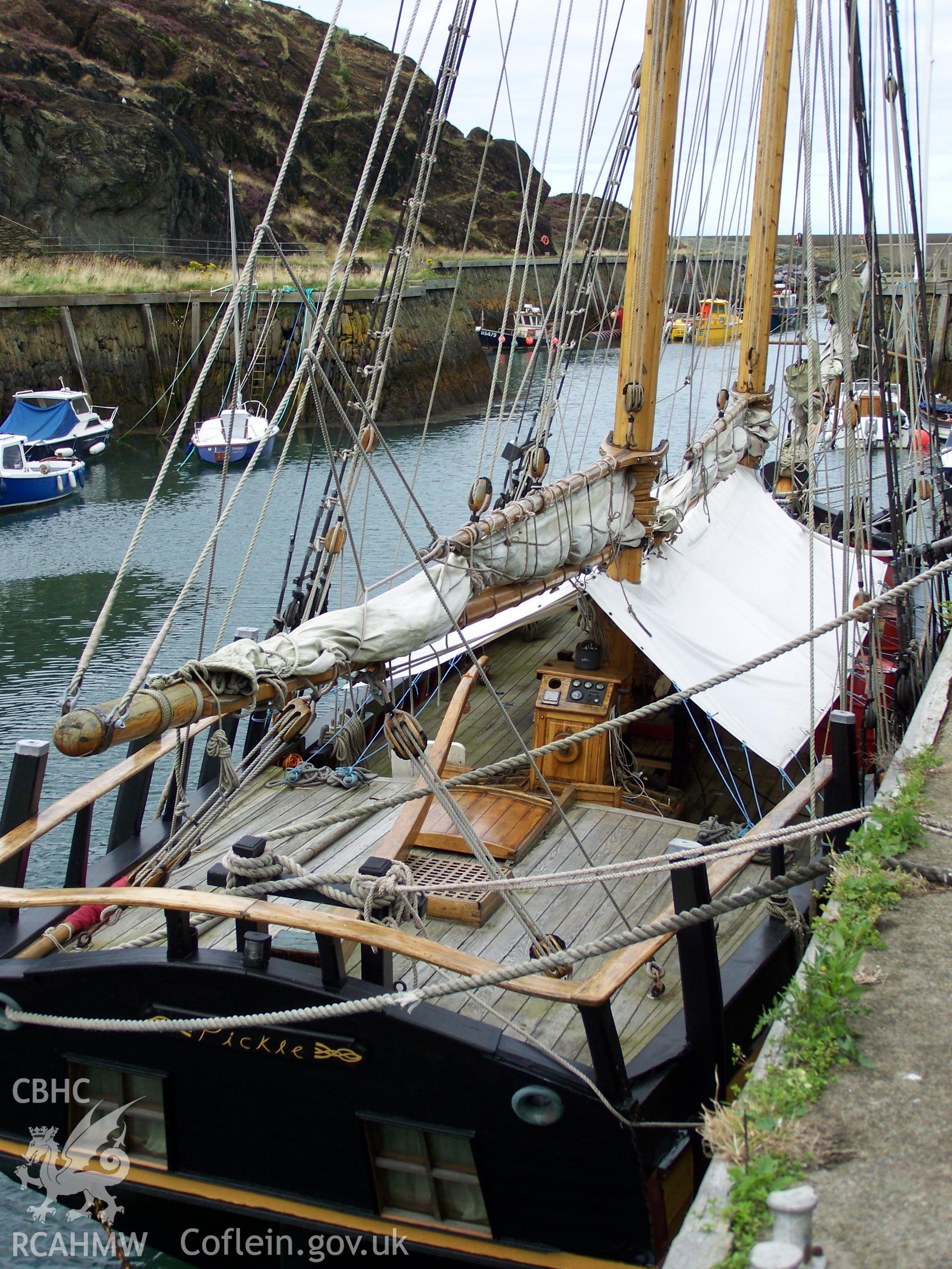 Aft deck and tiller of HMS PICKLE replica built to undertake a sea voyage around the UK to celebrate the  bicentenary of the Battle of Trafalgar.