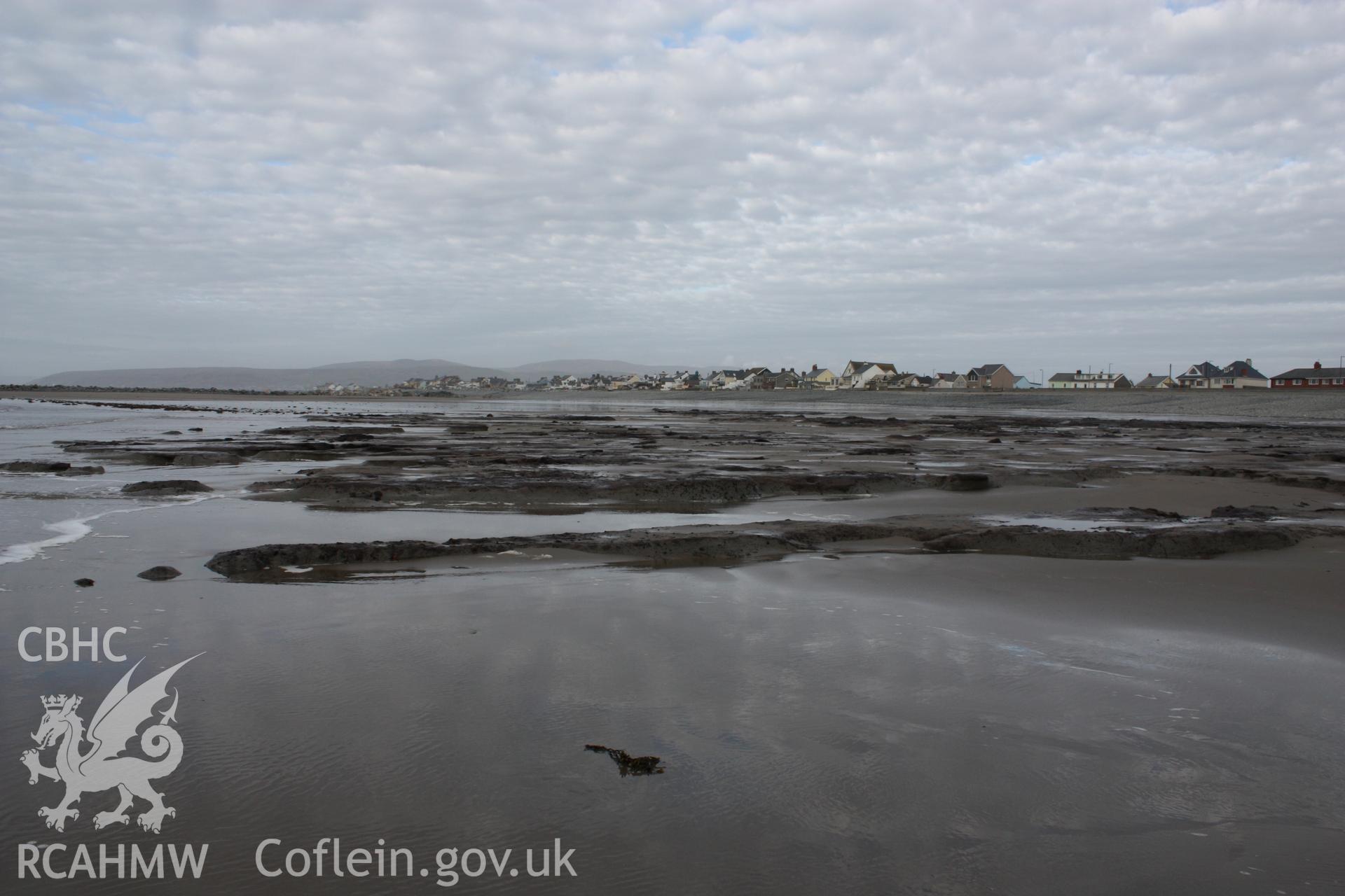 Borth submerged forest (between RNLI lifeboat station and upper Borth), looking northeast towards High Street and Ynyslas. Showing western extent of peat exposures (with temporary causeway leading to artificial reef, centre left).