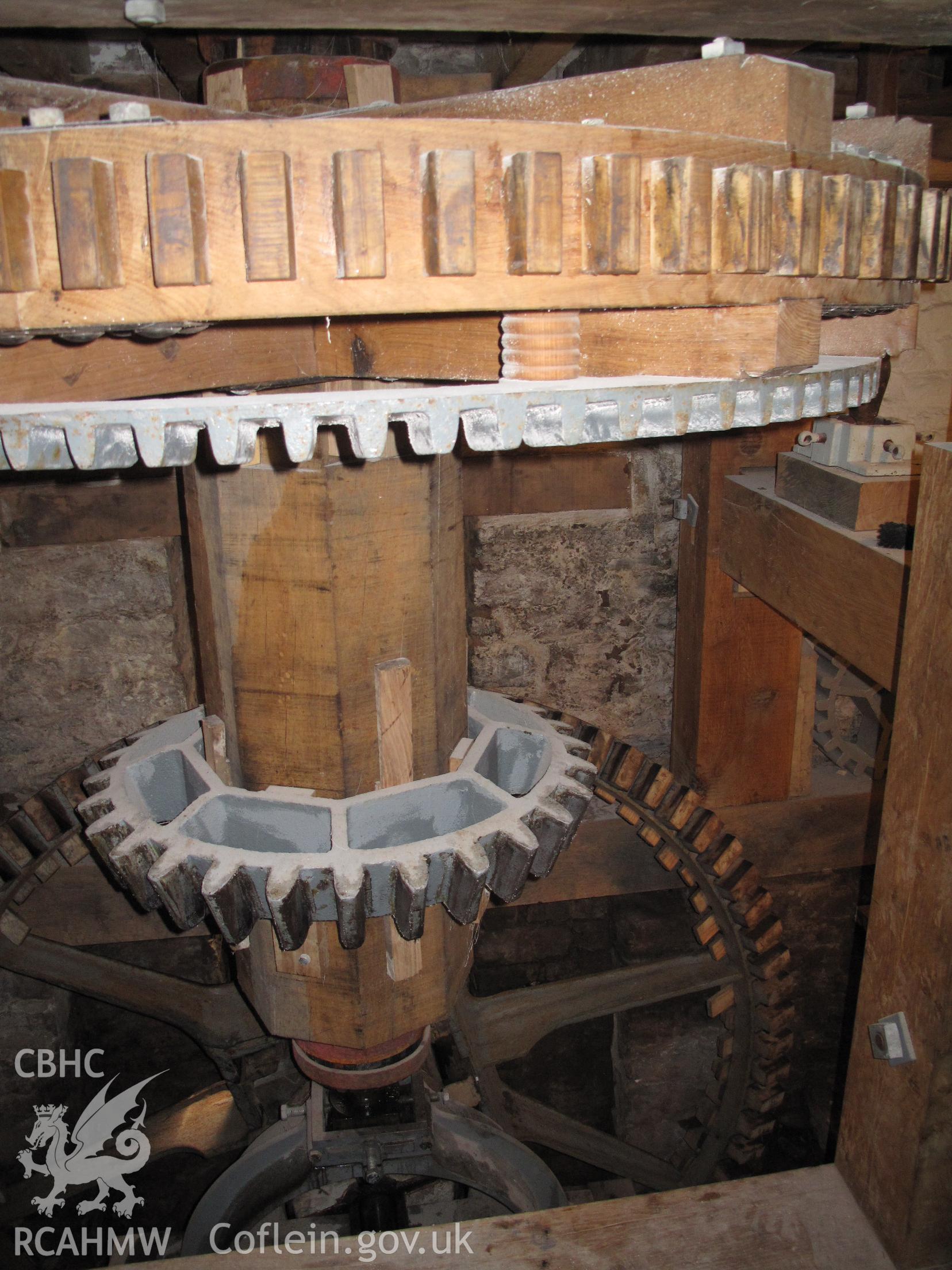 Pit wheel, upright shaft and gearing at Talgarth Corn Mill.