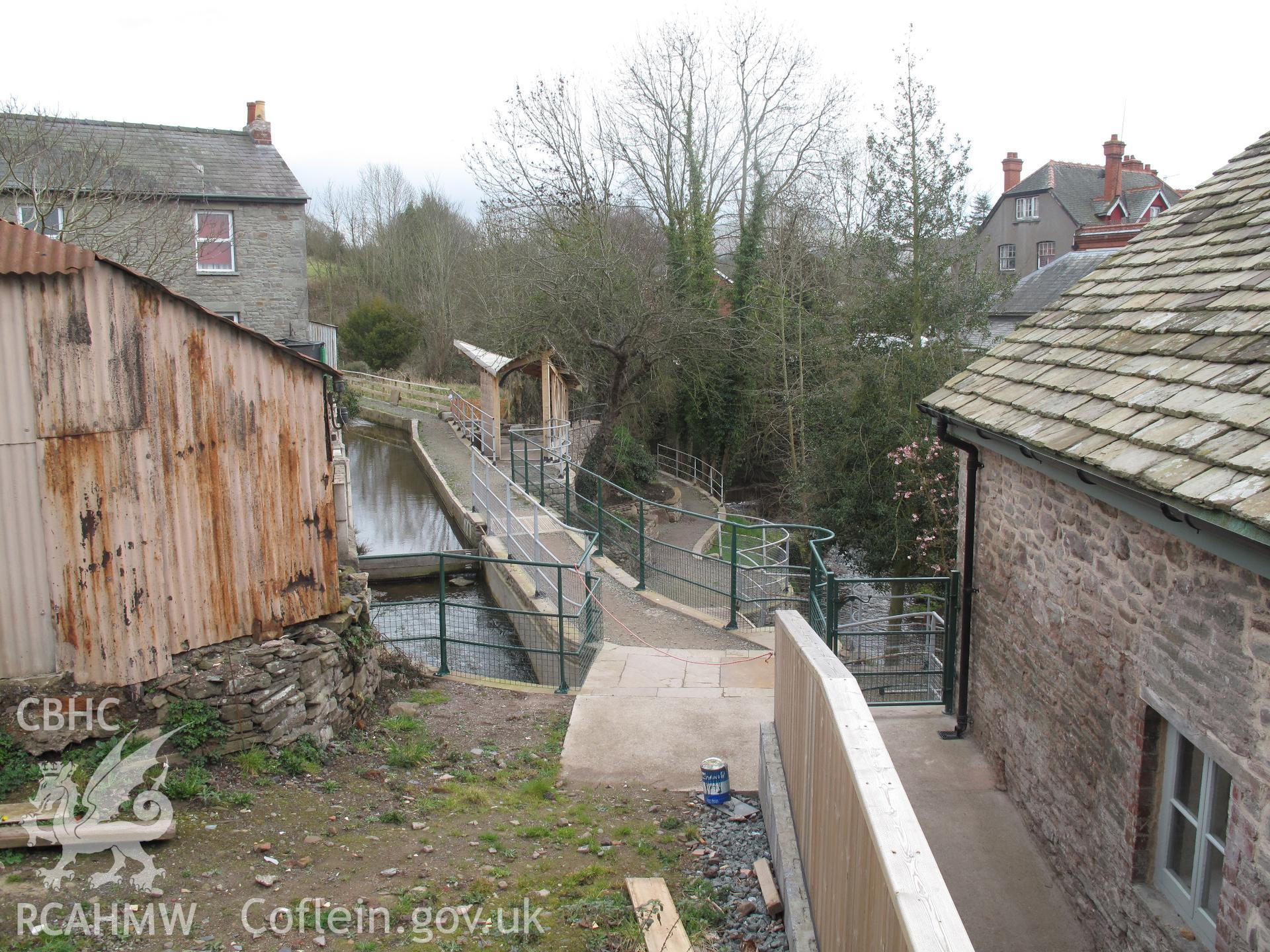 View along rebuilt leat from the northwest, Talgarth Corn Mill.