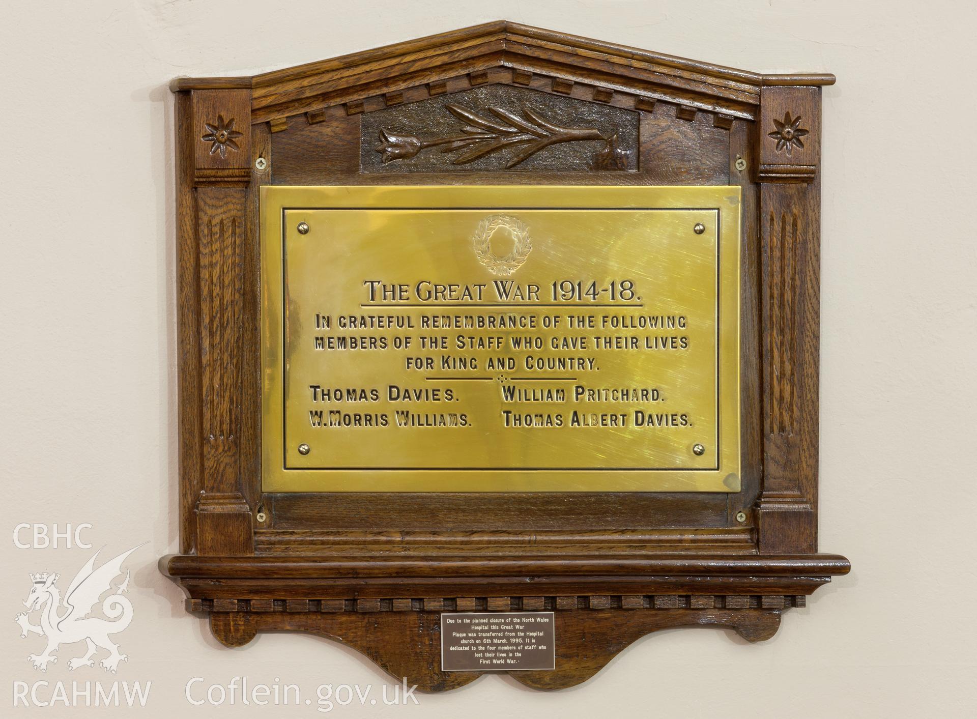 War memorial transfered from the North Wales Hospital Church