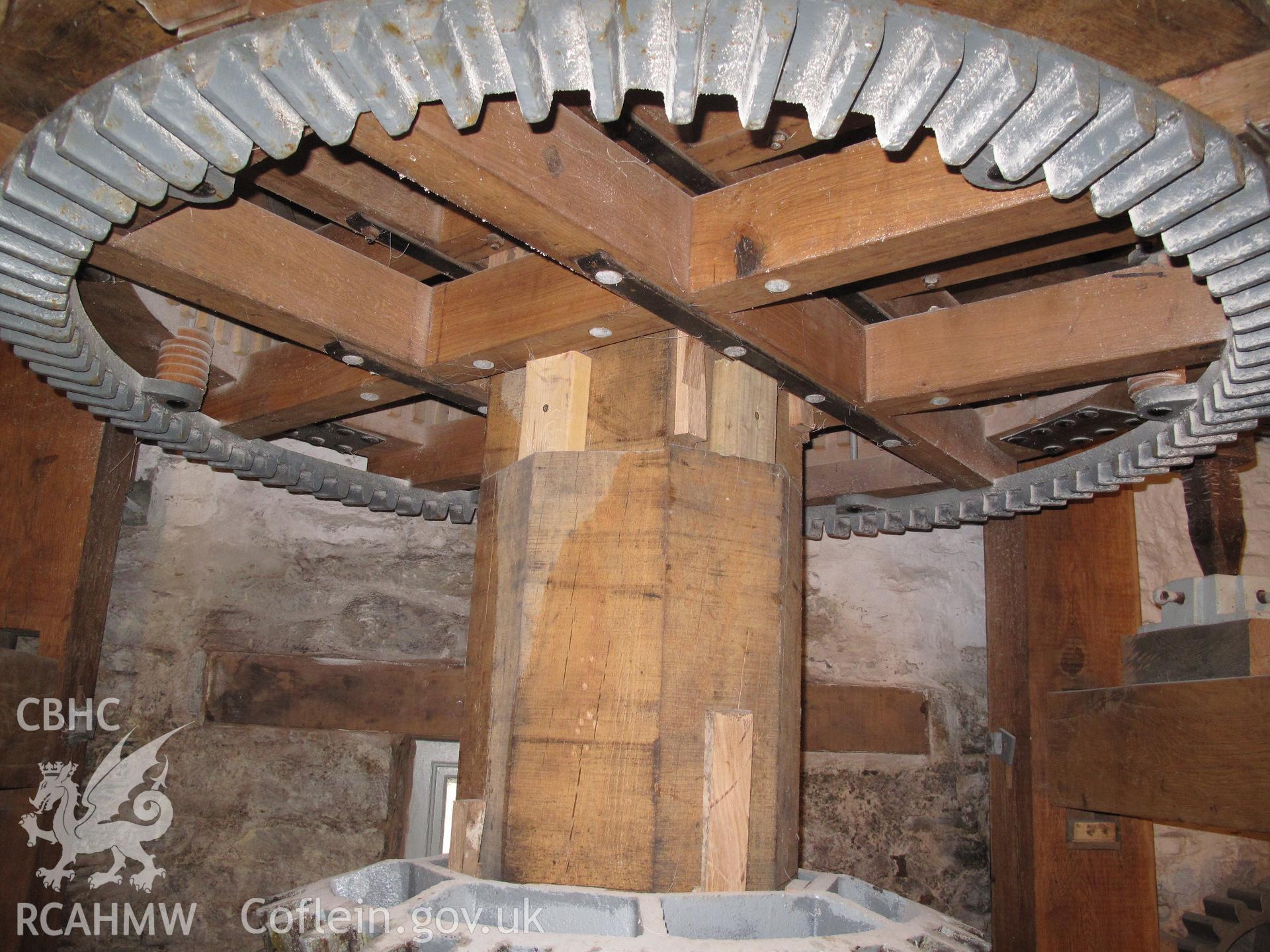 Great spur wheel, with sack-hoist gear ring mounted upside-down, at Talgarth Corn Mill.