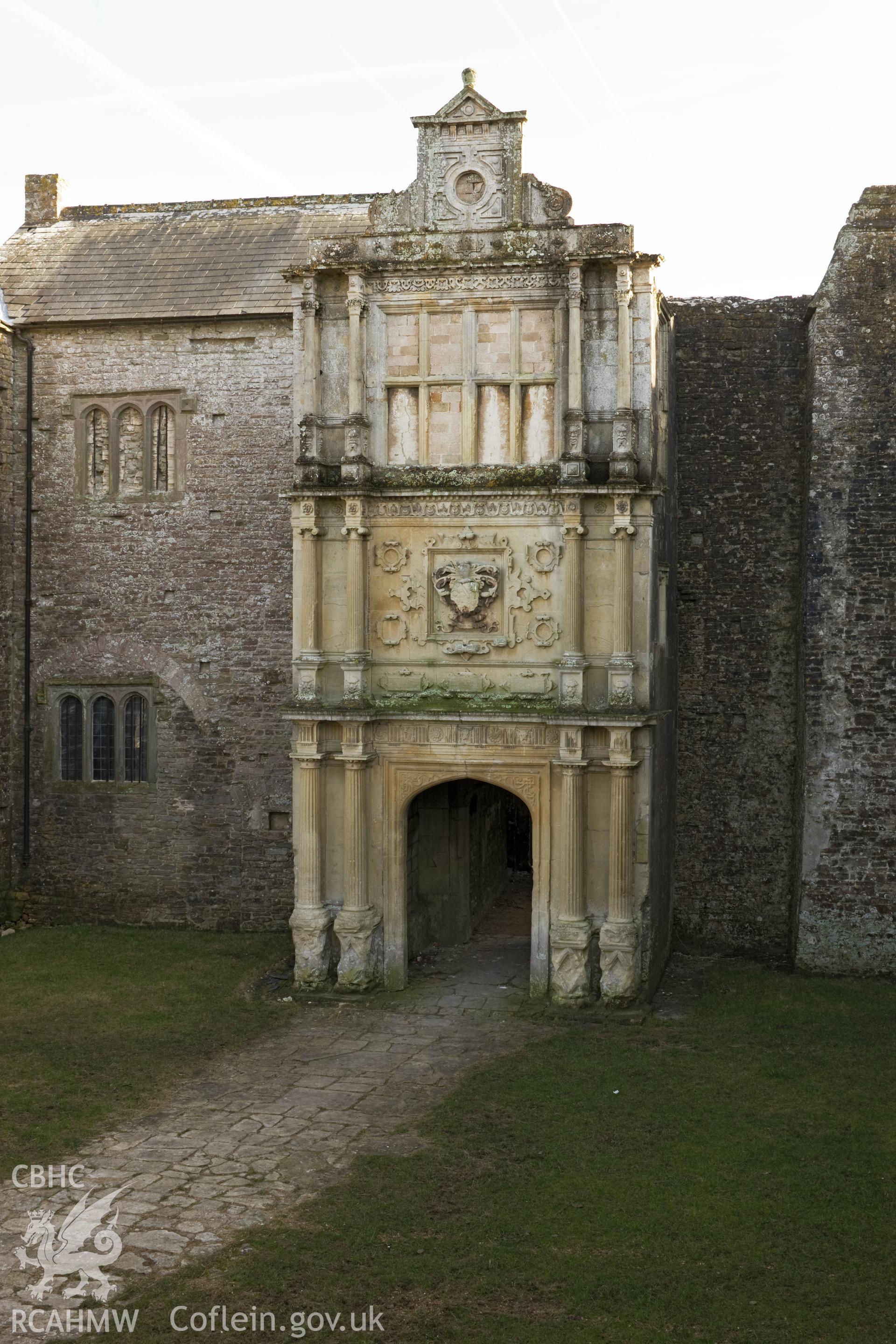 High view of entrance porch from the north northwest (vertical).