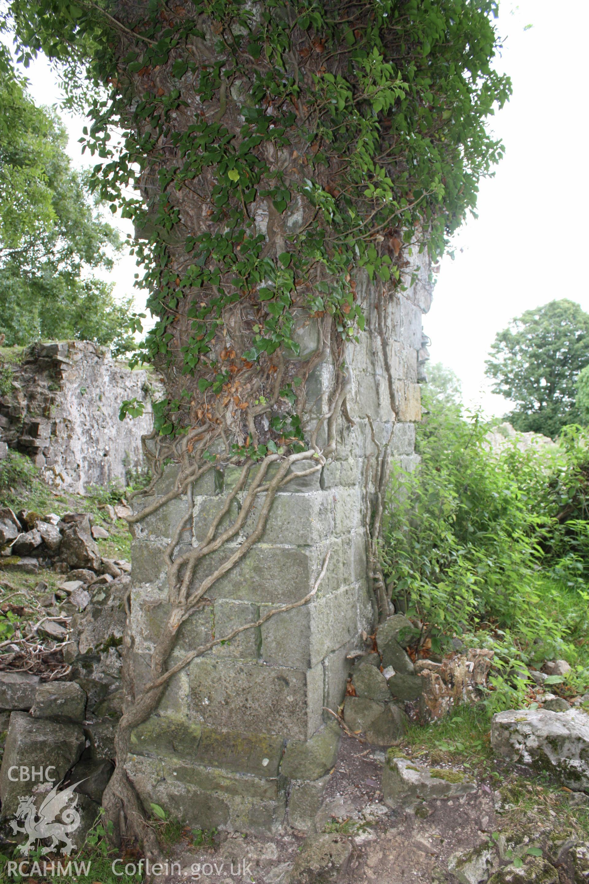This fine stone wall stands at the southern end of the hall and would have originally created a gable with large window(?) to the extended hall. The stone is square cut and finely finished, suggesting an entrance to the south of the site.