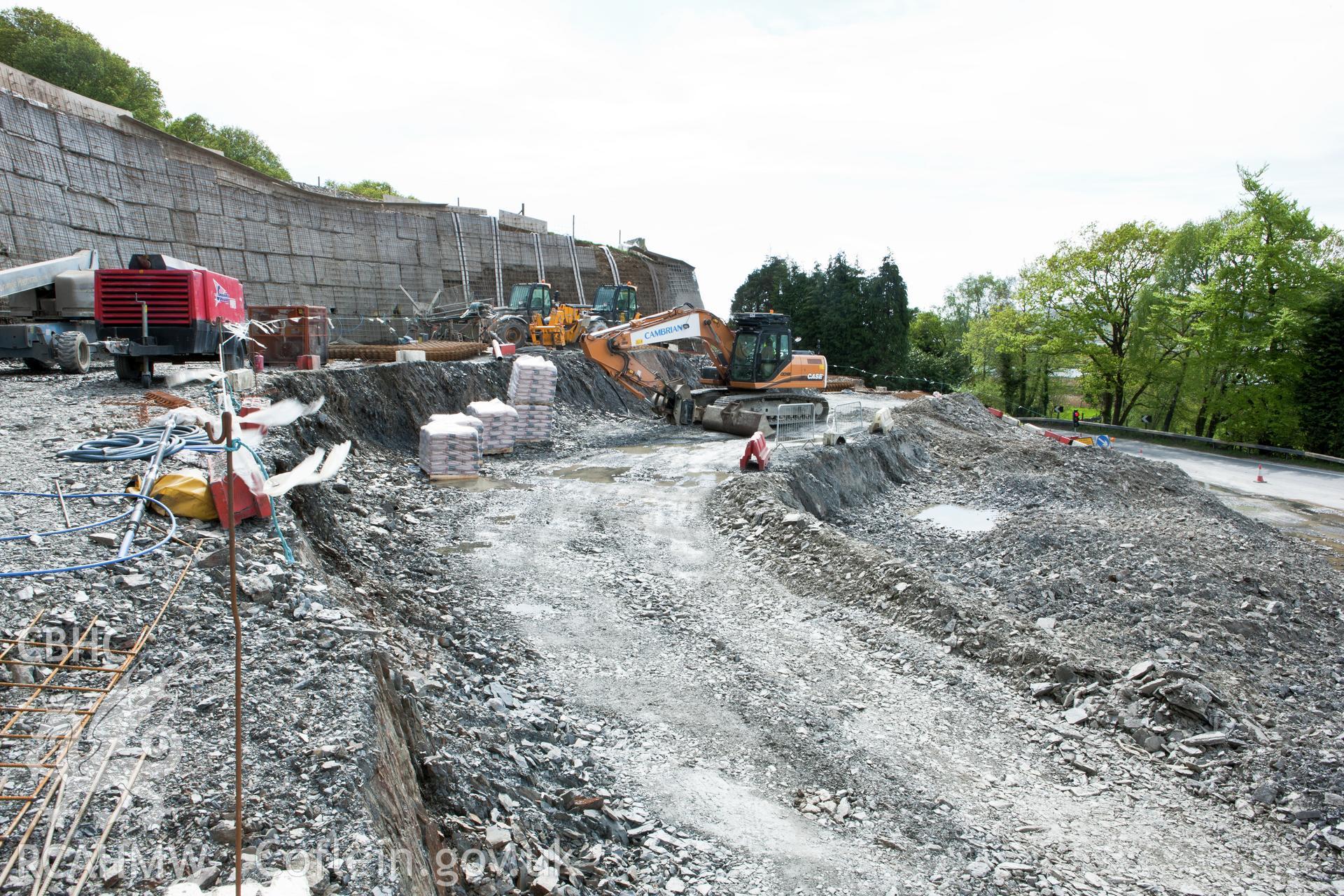Garreg Farm area. Terraces being excavated below reinforced upper levels, viewed from the northeast.(13/05/12)