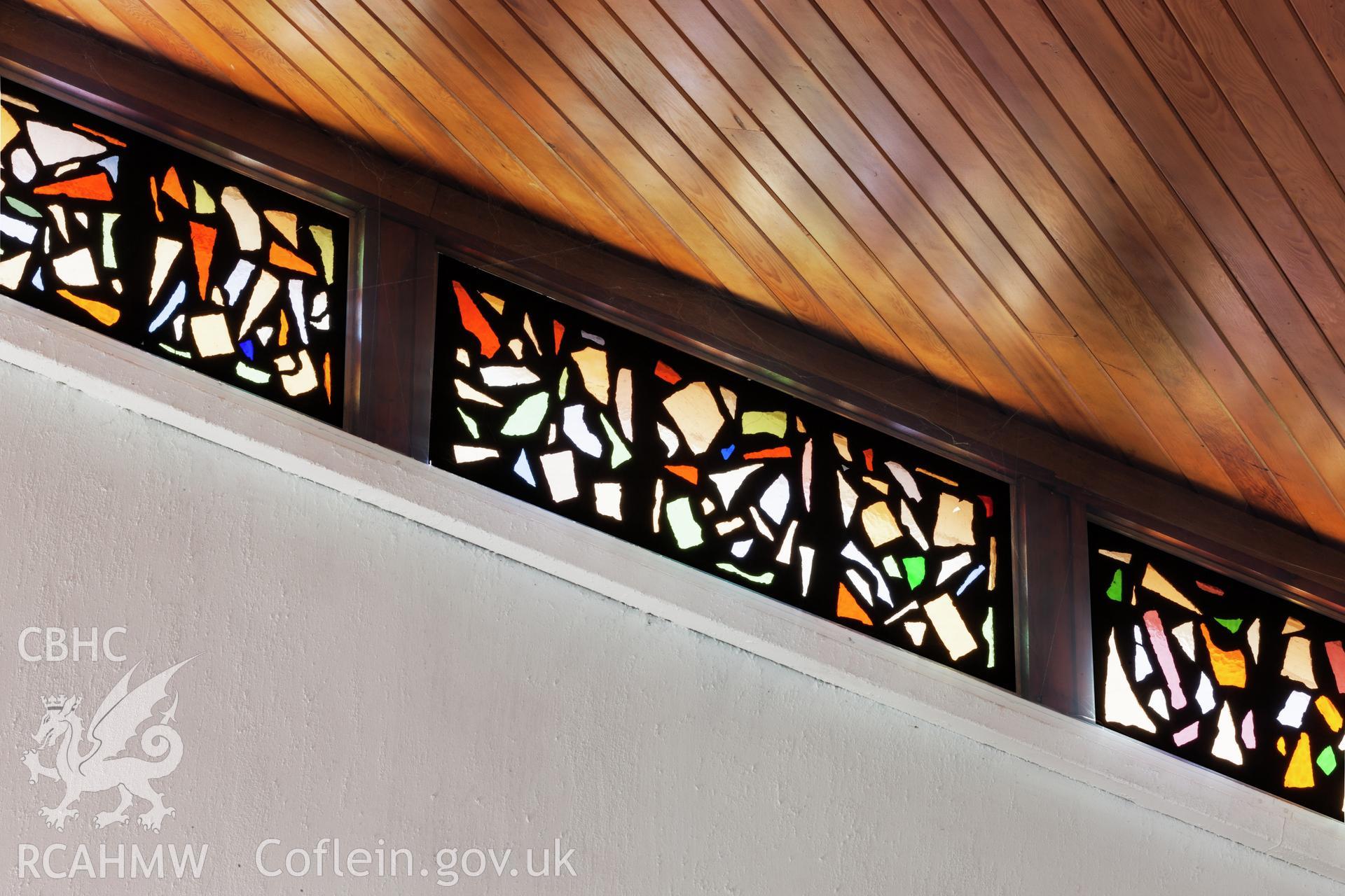Detail of marginal stained glass on southeast wall.