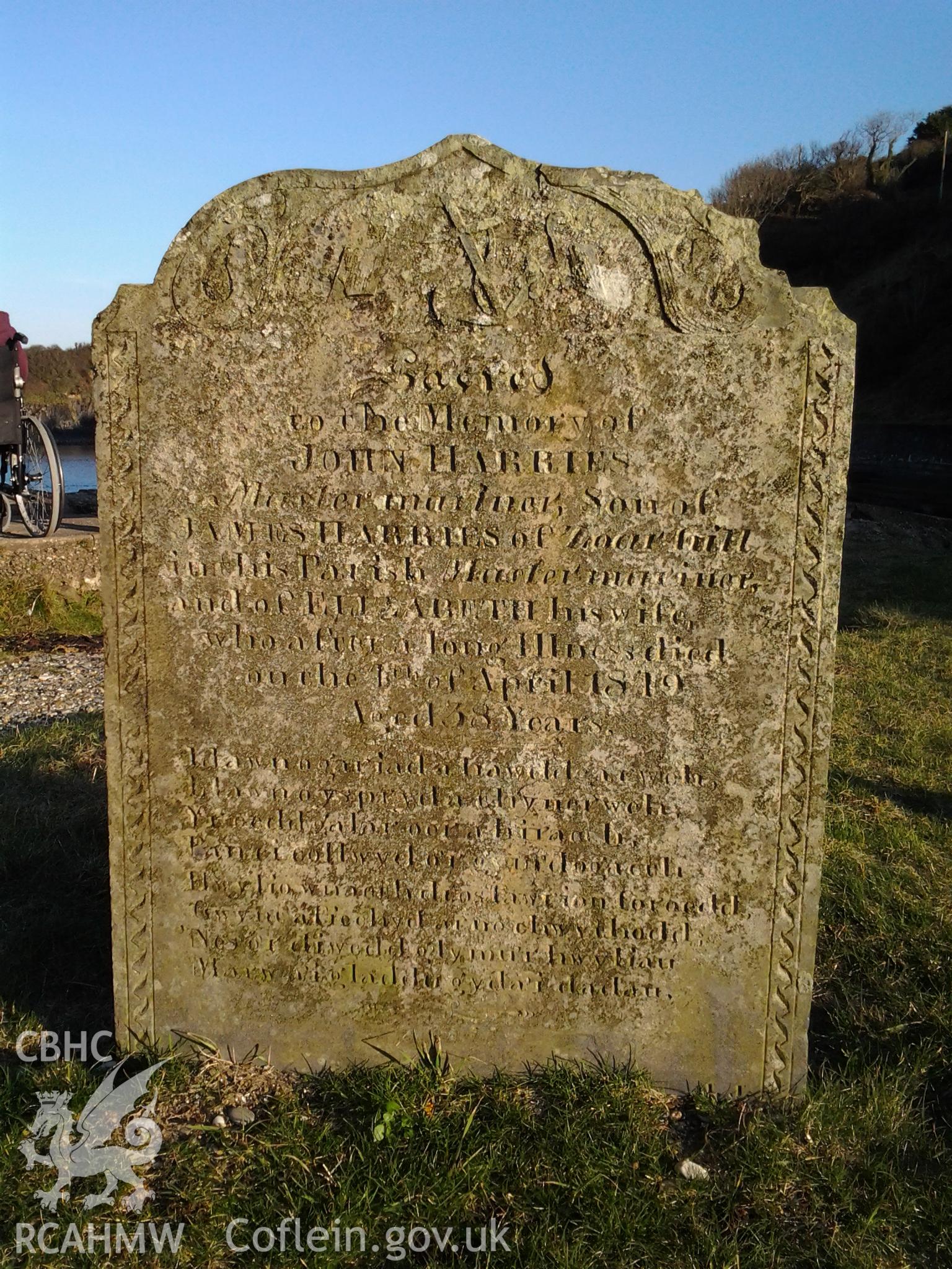 Gravestone commemorating John Harries, master mariner, who died in April 1819