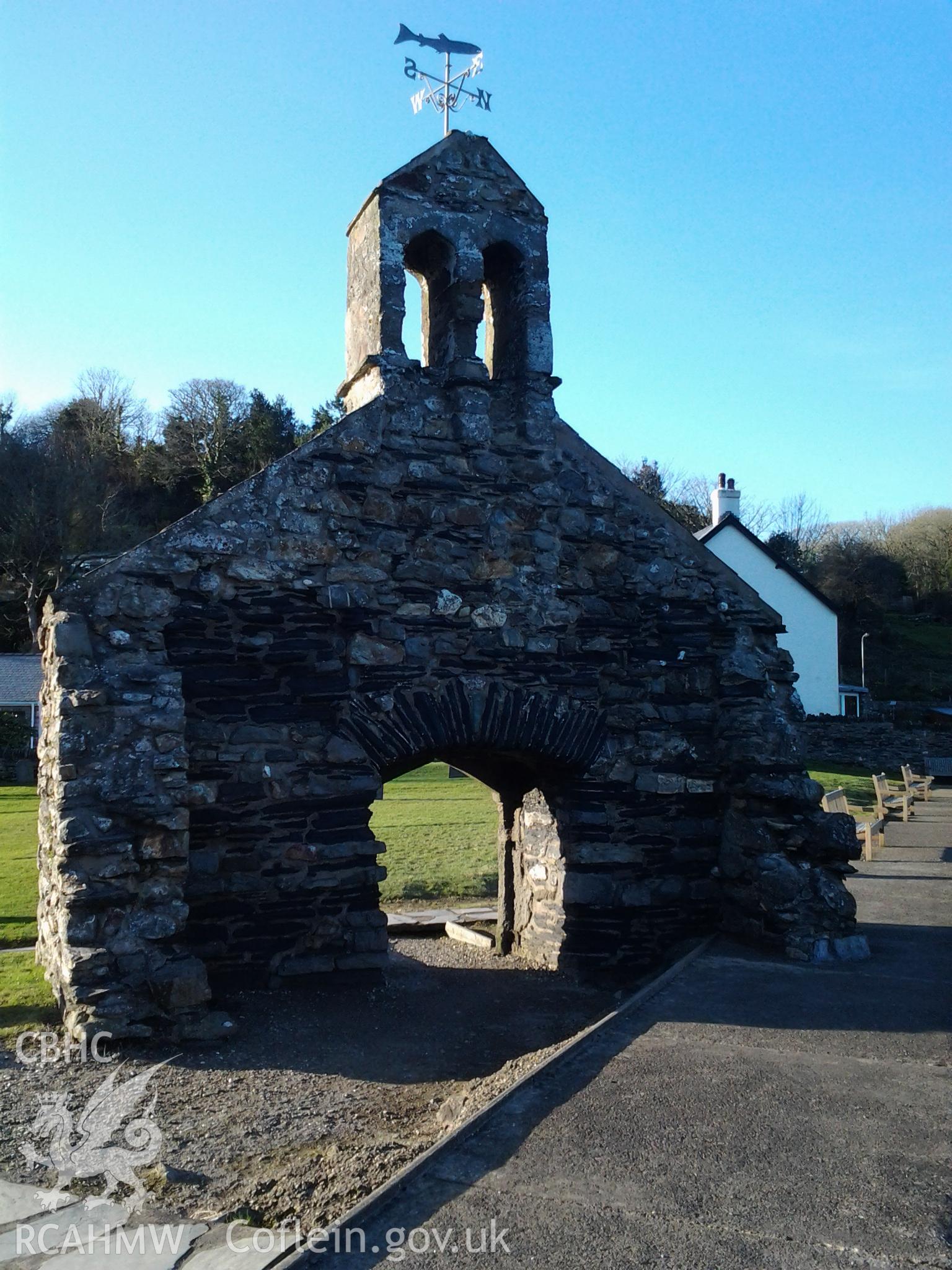 West wall of St Brynach's Church, Cwm-yr-eglwys, viewed from the south.