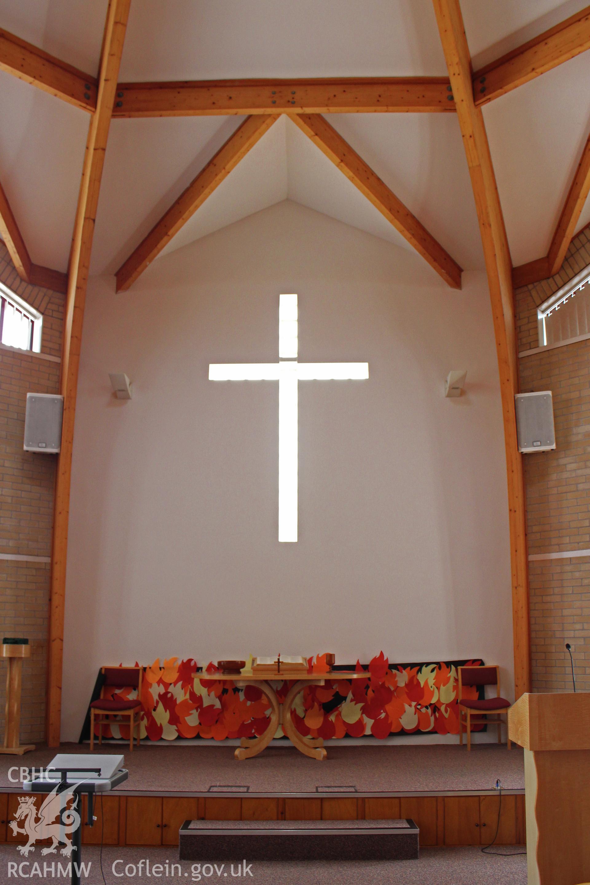 Manselton URC Chapel, Swansea, detail of south-east bay with cruciform window and communion table