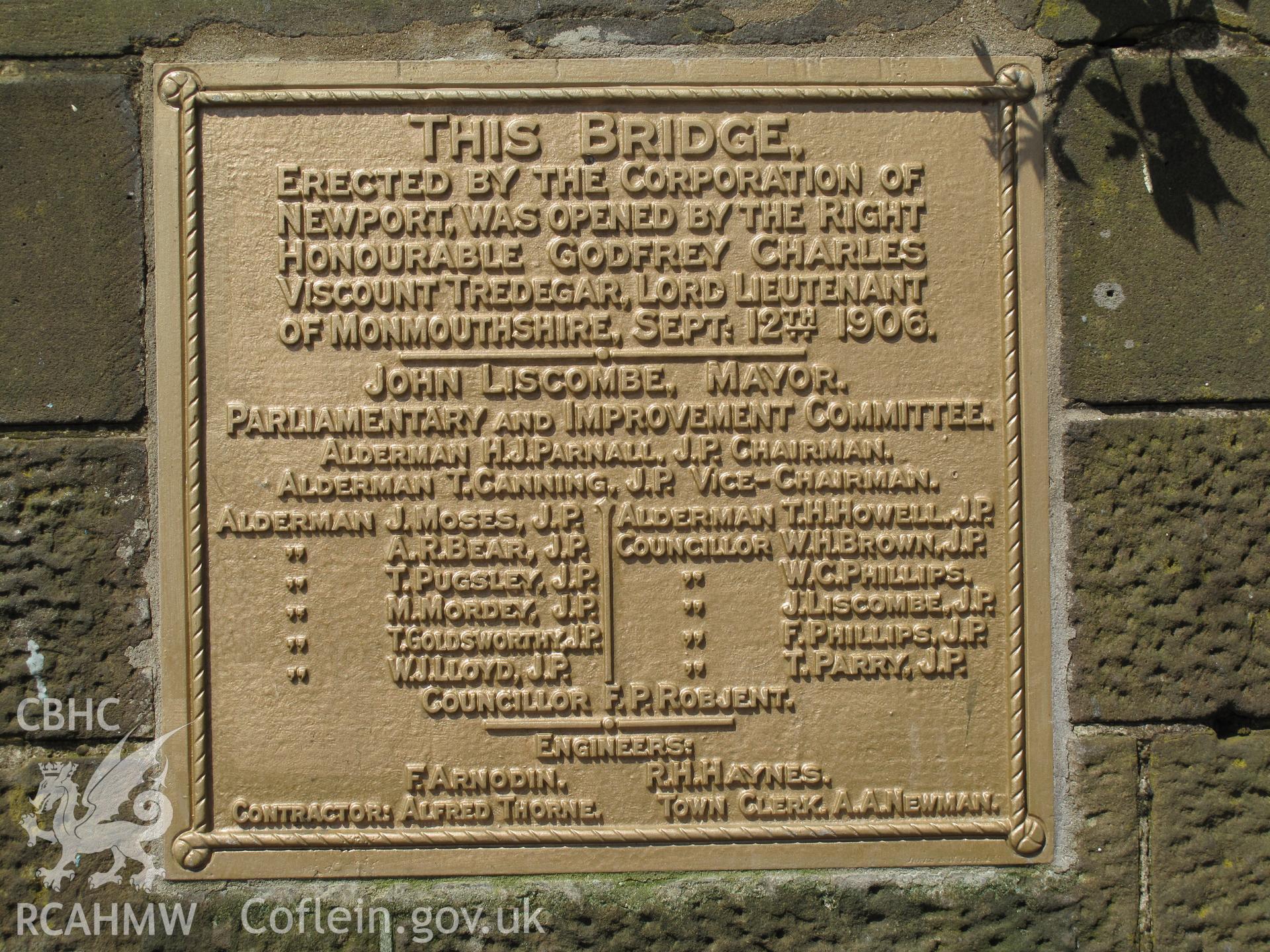 Copy of original commemorative plaque, Newport Transporter Bridge.