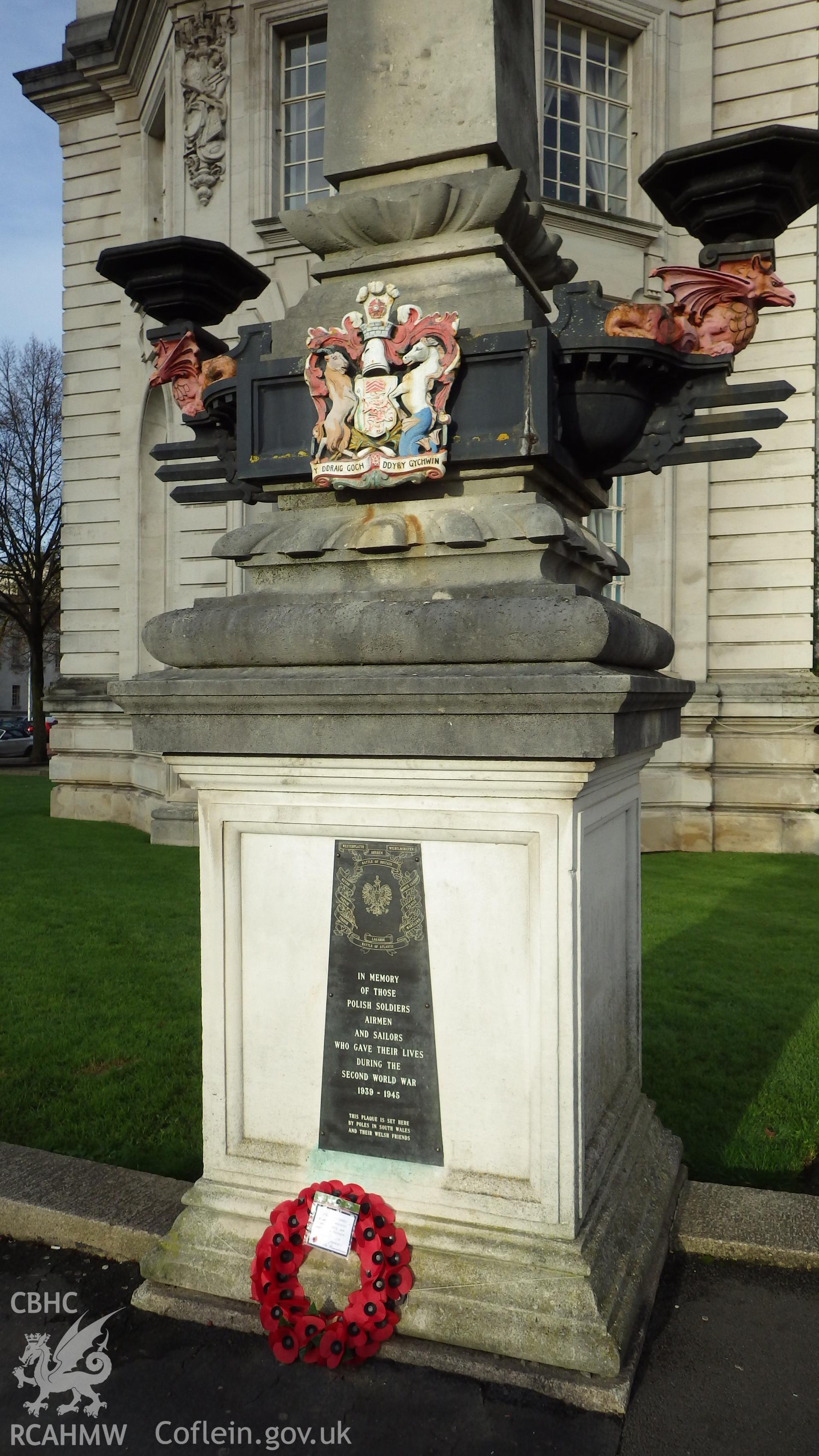View of Polish War Memorial outside Cardiff City Hall