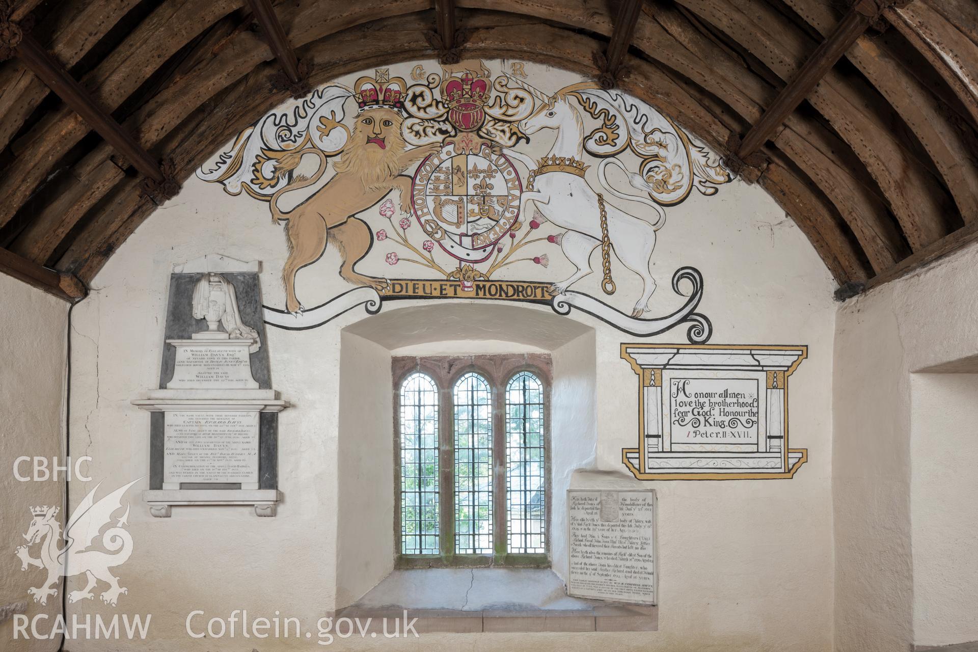 Wall painting, Royal coat of arms, over altar in chancel