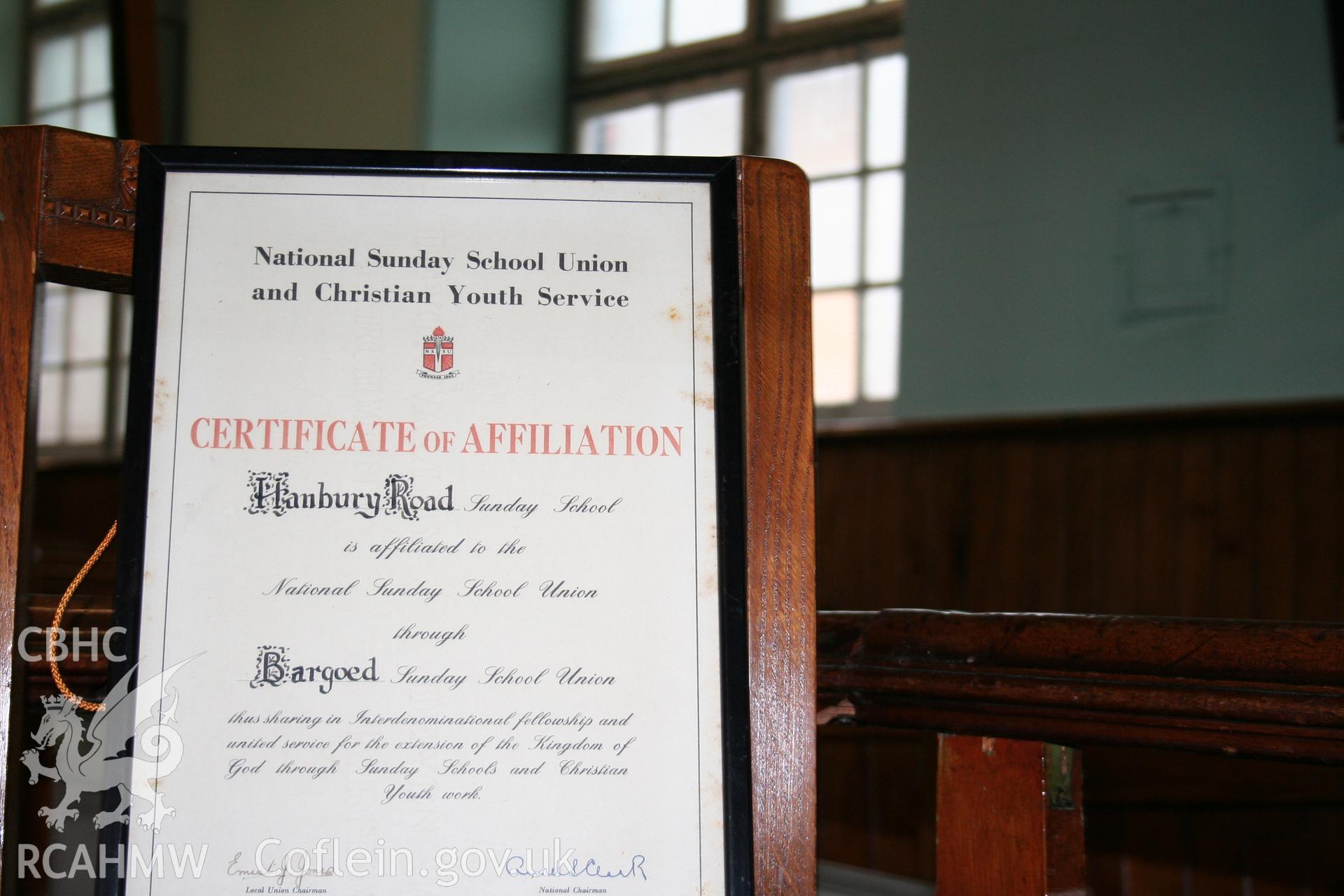 Hanbury Road baptist chapel, Bargoed, digital colour photograph showing Sunday School Affiliation Certificate, received in the course of Emergency Recording case ref no RCS2/1/2247.