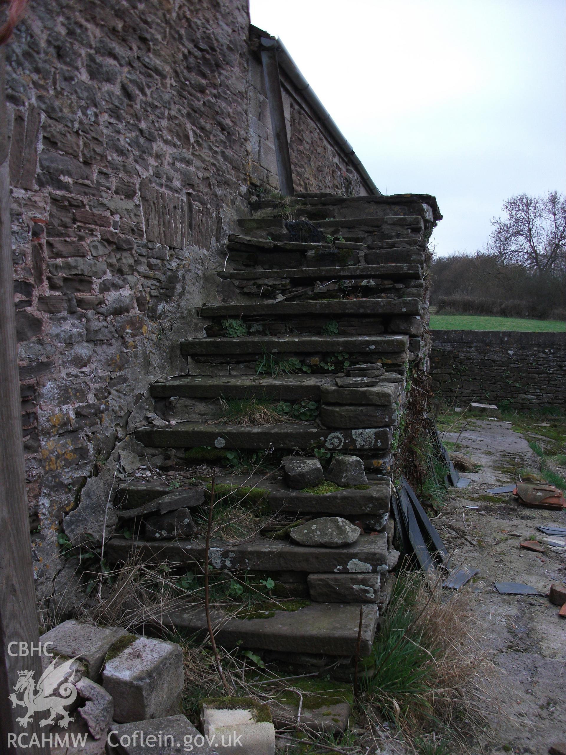 Colour digital photograph of exterior of barns - steps to loft; at Llangwm Isaf Farm, received in the course of Emergency Recording case ref no RCS2/1/1599.