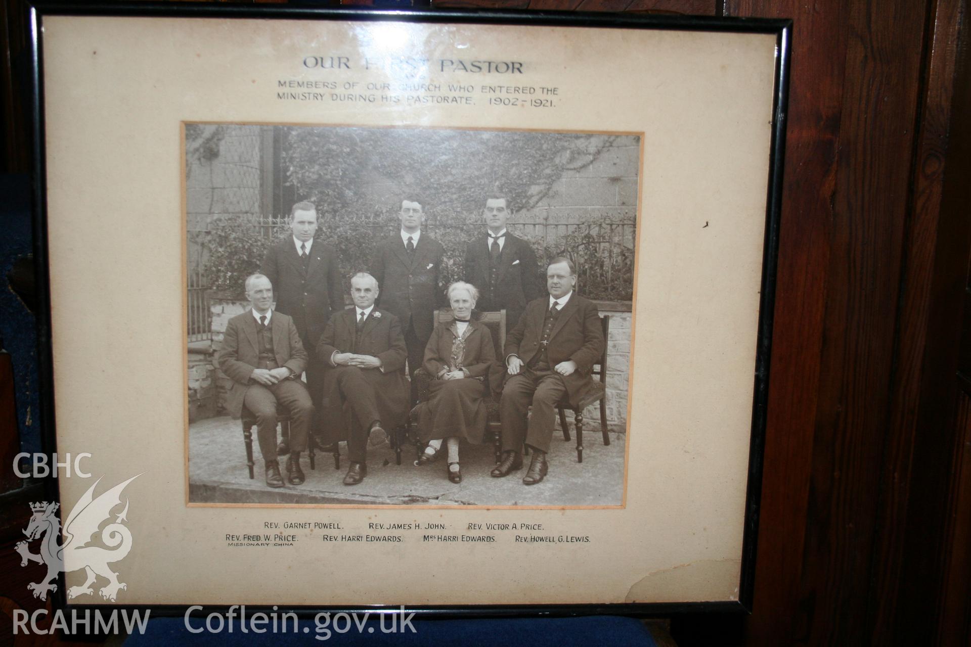 Hanbury Road baptist chapel, Bargoed, digital colour photograph showing the Rev. Harri Edwards and members of Hanbury Road Chapel who entered the ministry during his pastorate, received in the course of Emergency Recording case ref no RCS2/1/2247.