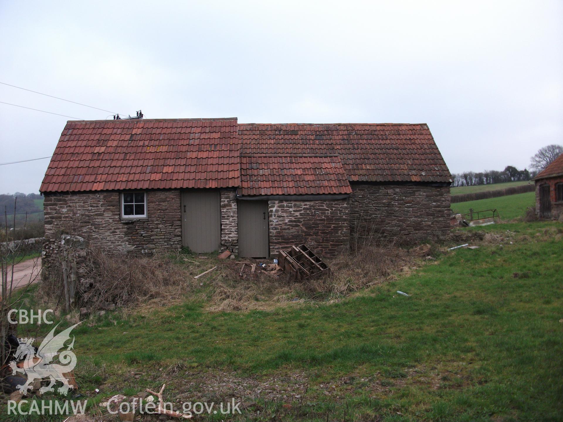 Colour digital photograph of exterior of barn; at Llangwm Isaf Farm, received in the course of Emergency Recording case ref no RCS2/1/1599.