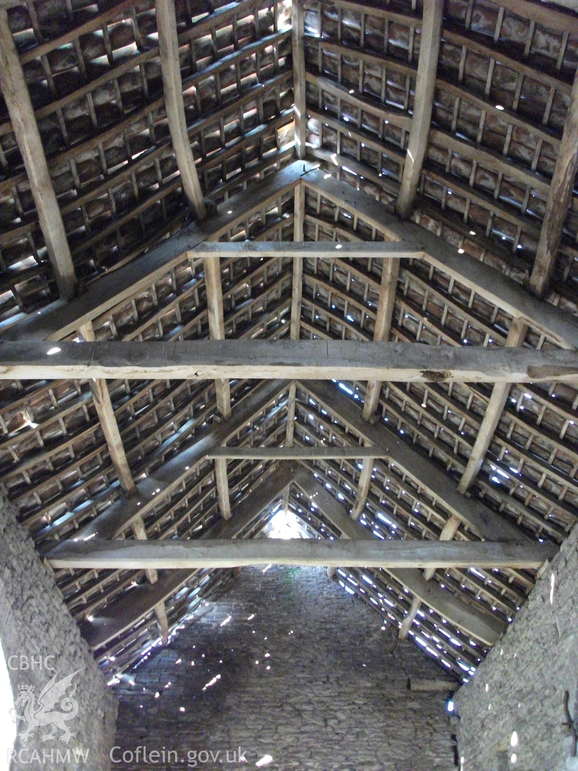 Colour digital photograph of interior of barn - roof; at Llangwm Isaf Farm, received in the course of Emergency Recording case ref no RCS2/1/1599.