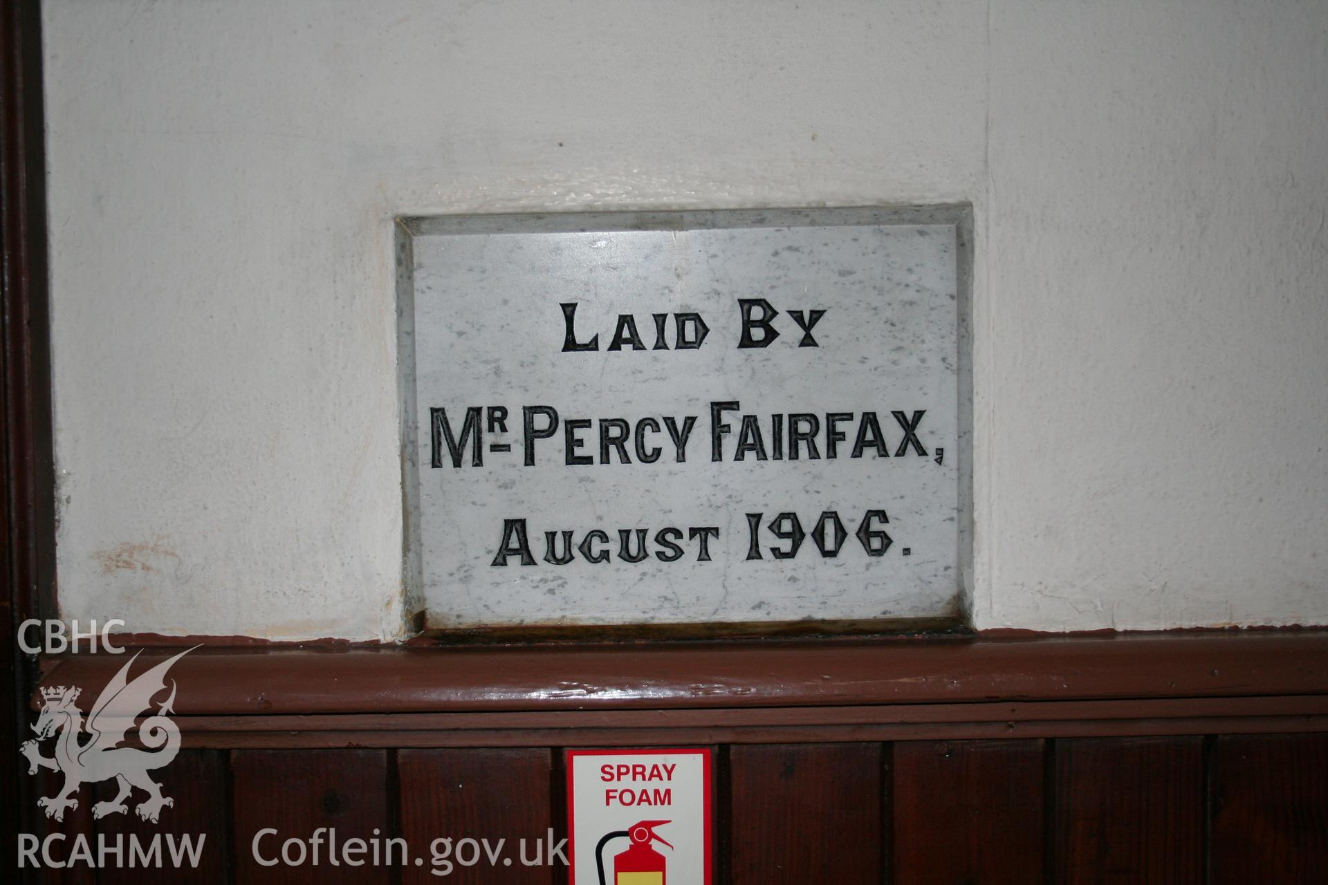 Hanbury Road baptist chapel, Bargoed, digital colour photograph showing completion stone laid by Mr Percy  Fairfax, August 1906, received in the course of Emergency Recording case ref no RCS2/1/2247.