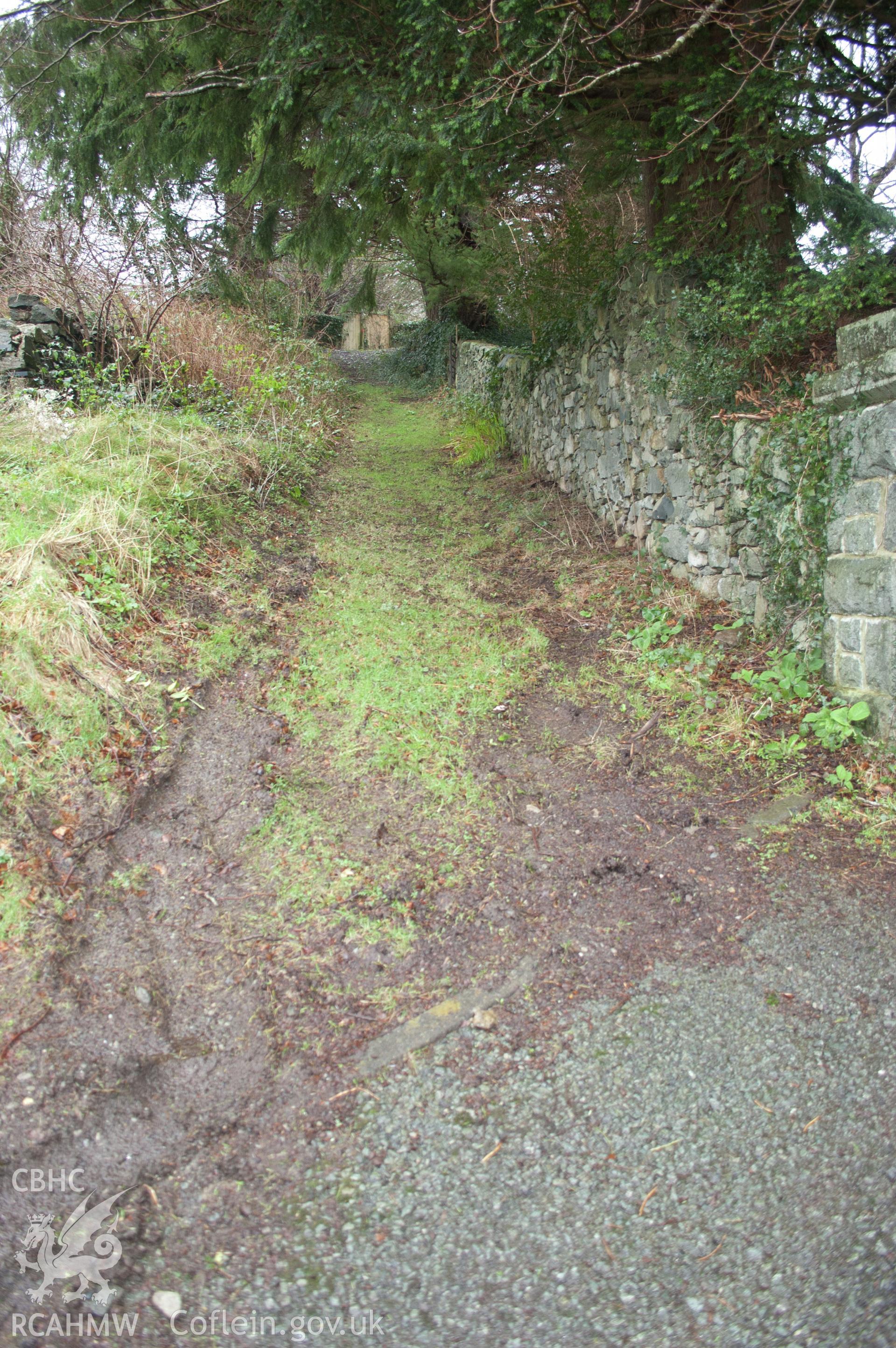 Marian Mawr archaeological assessment; section H-I,  from S, view from the south along north-south lane between houses,  taken by Robert Evans of Gwynedd Archaeological Trust, 5th February 2016.