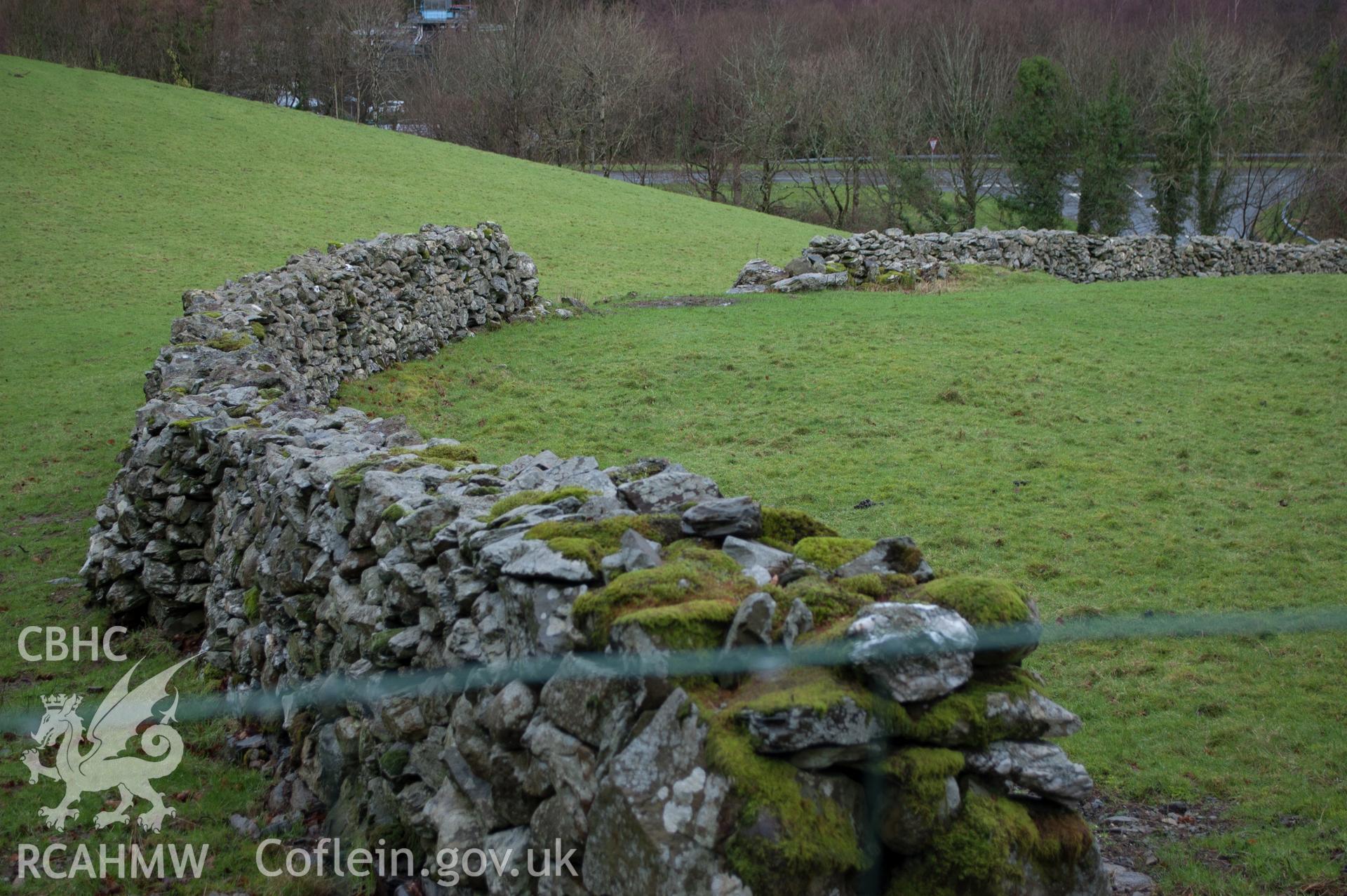 Marian Mawr archaeological assessment; section B-C, view from S showing sinuous drystone wall [Feature 2],  taken by Robert Evans of Gwynedd Archaeological Trust, 5th February 2016.