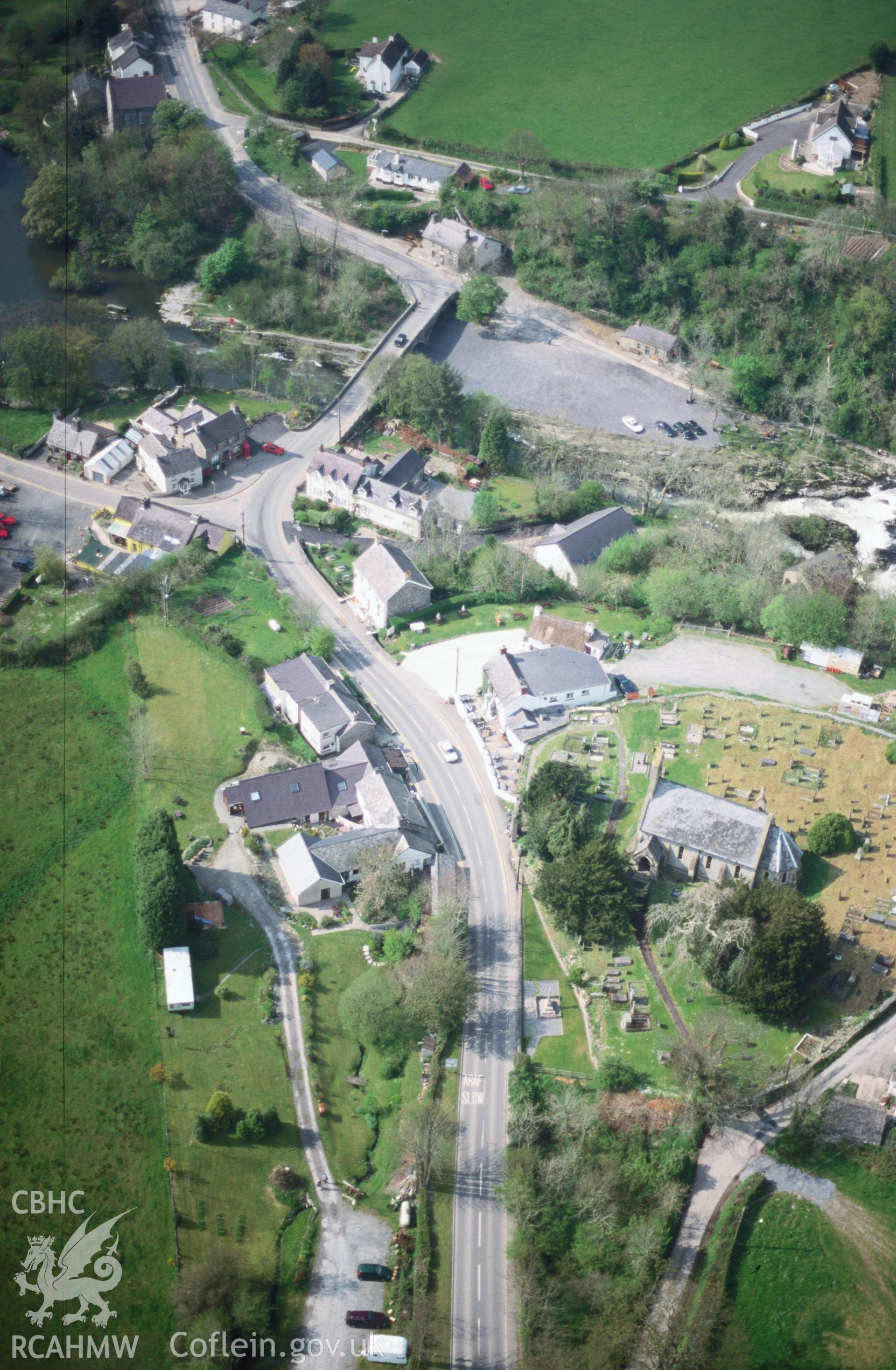 Slide of RCAHMW colour oblique aerial photograph of Cenarth, taken by T.G. Driver, 27/4/1999.