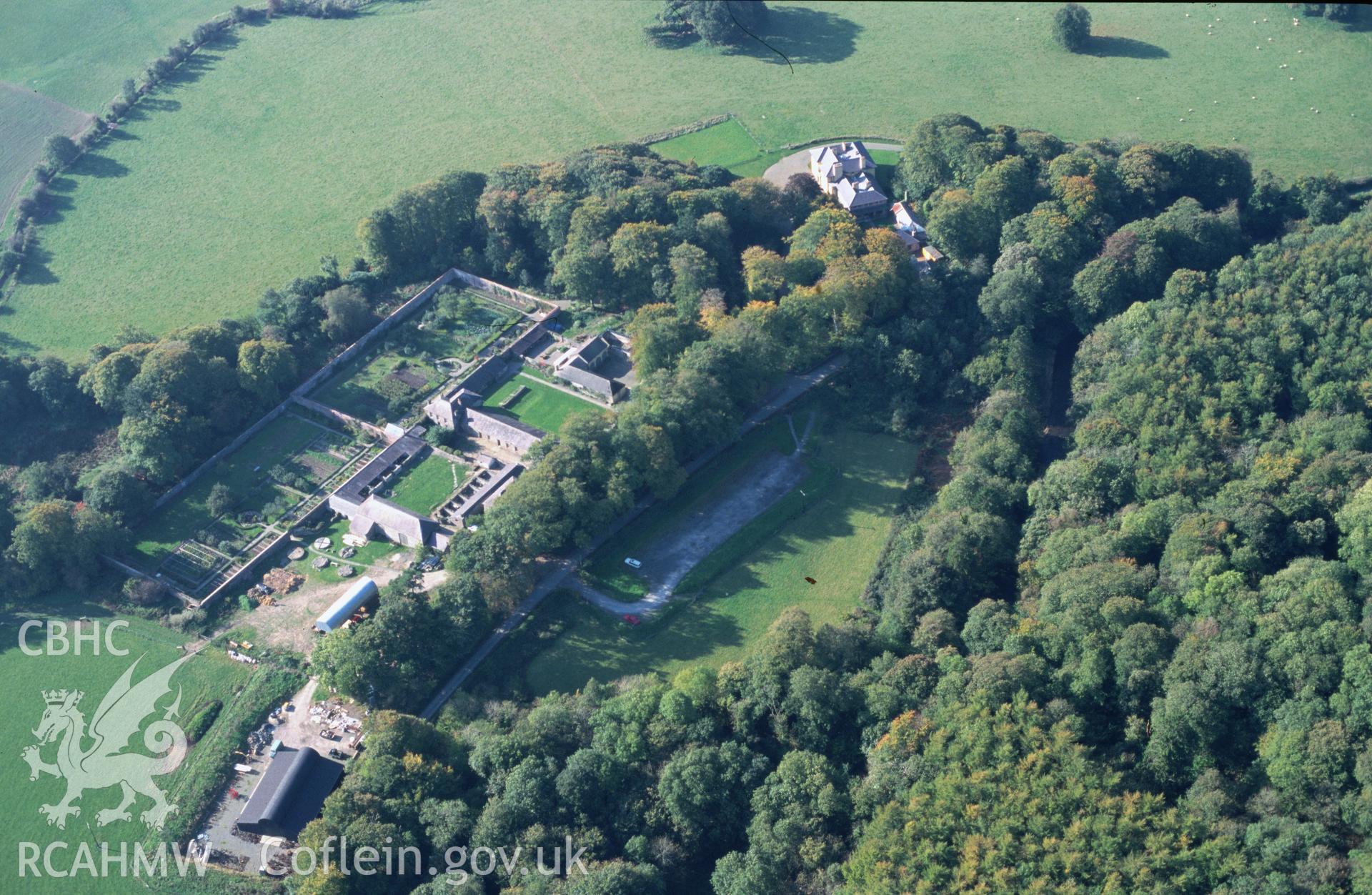 Slide of RCAHMW colour oblique aerial photograph of Llanaeron [llannerchaeron House], taken by T.G. Driver, 19/10/1999.