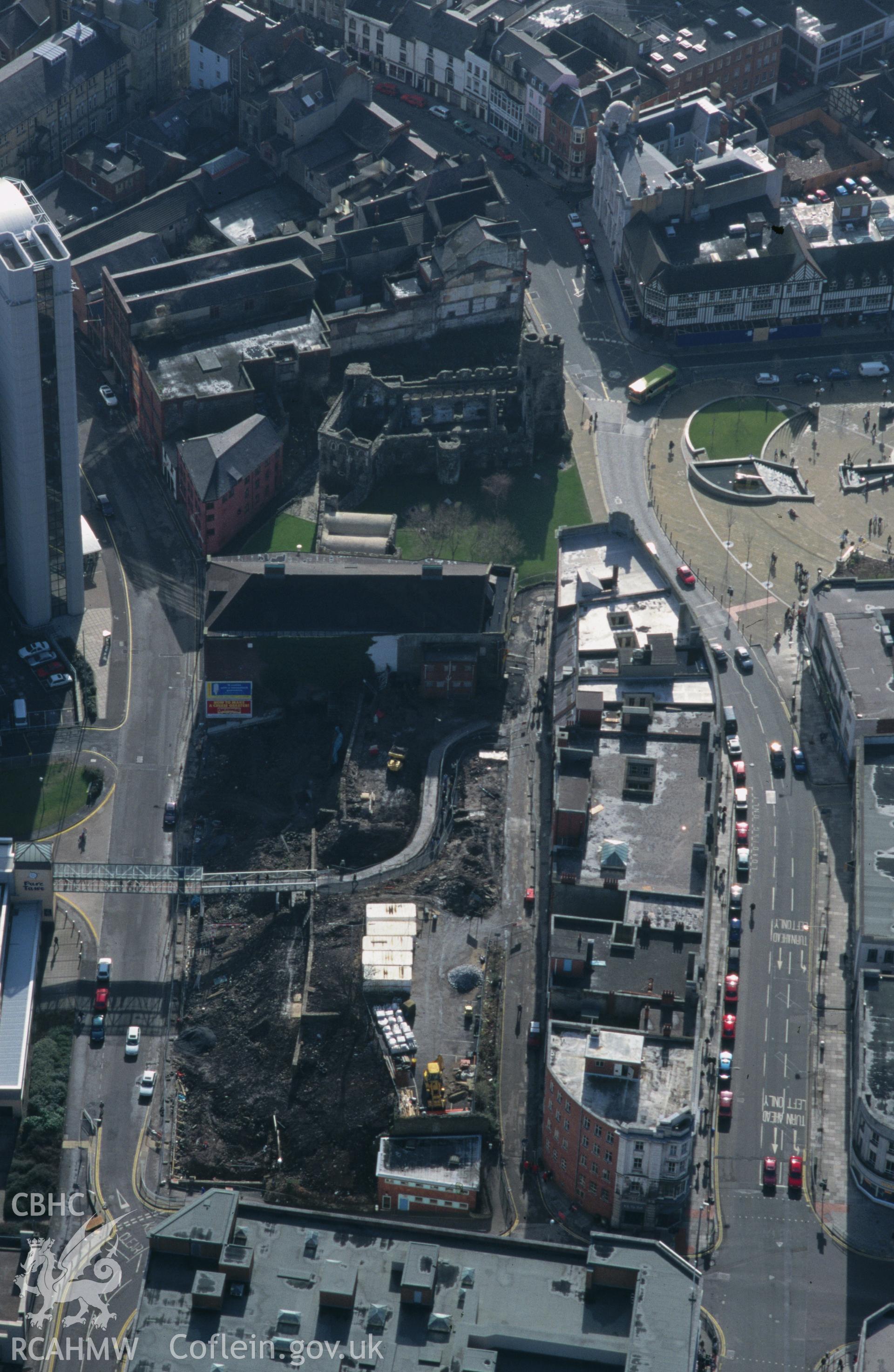Slide of RCAHMW colour oblique aerial photograph of Swansea Castle, taken by C.R. Musson, 15/2/1997.