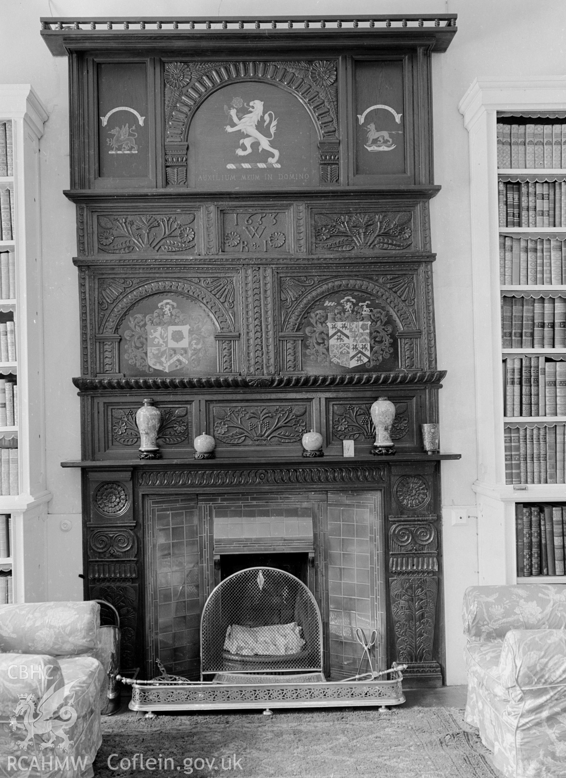 A tall carved composite fireplace with two different coat of arms.