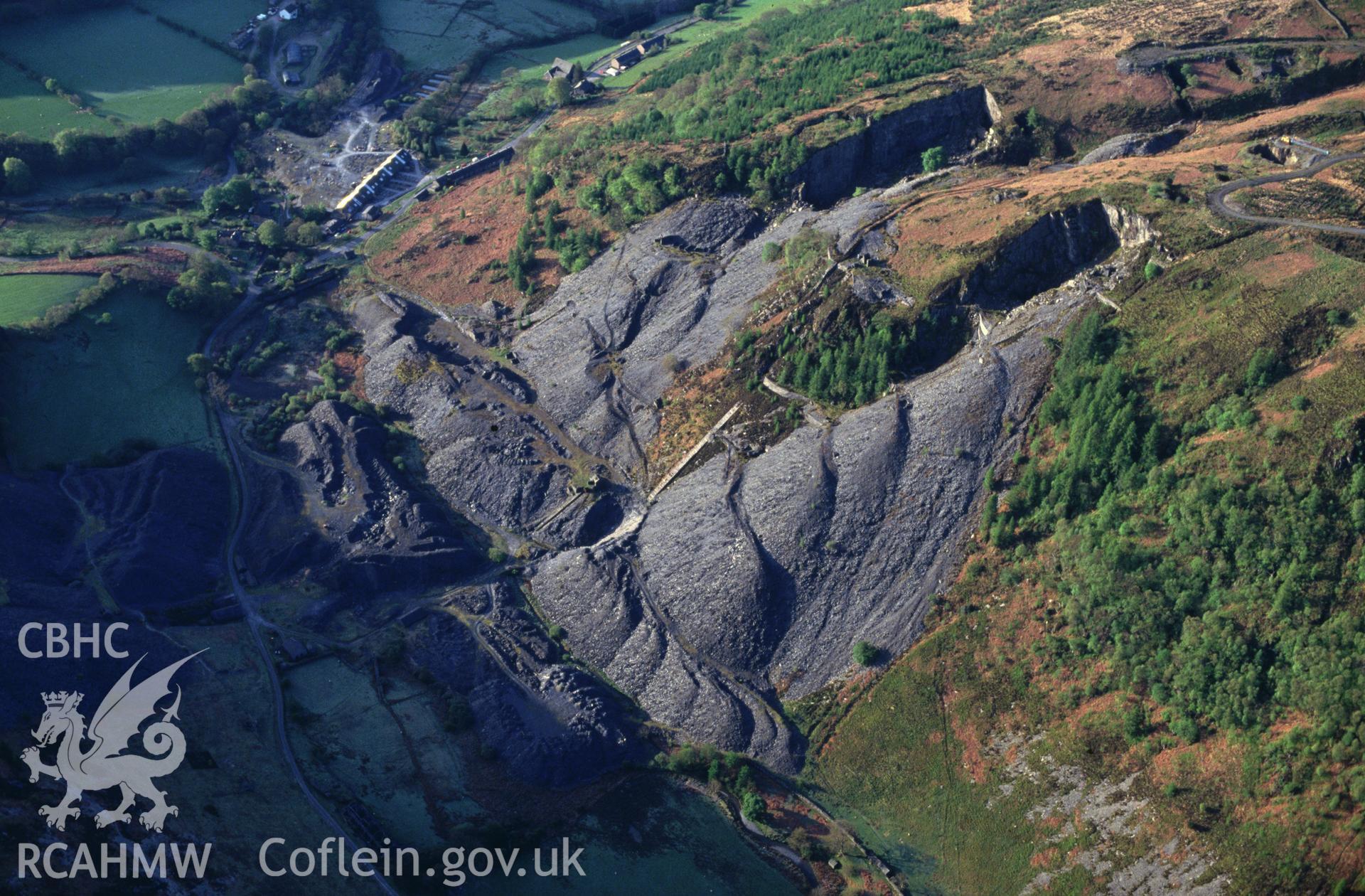 Slide of RCAHMW colour oblique aerial photograph of Aberllefenni Slate Quarry, taken by C.R. Musson, 4/5/1993.