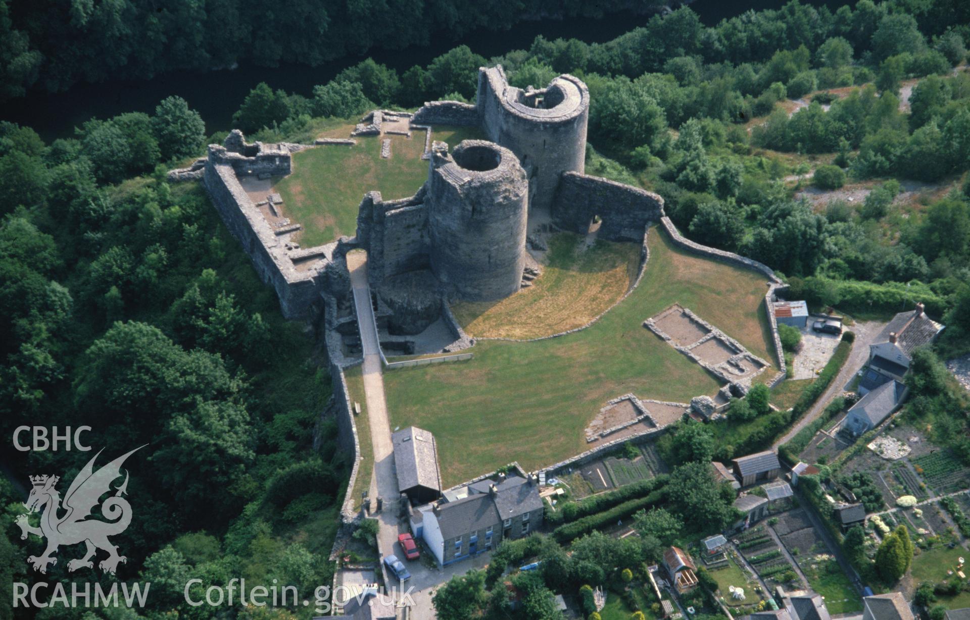 Slide of RCAHMW colour oblique aerial photograph of Cilgerran Castle, taken by C.R. Musson, 27/6/1992.