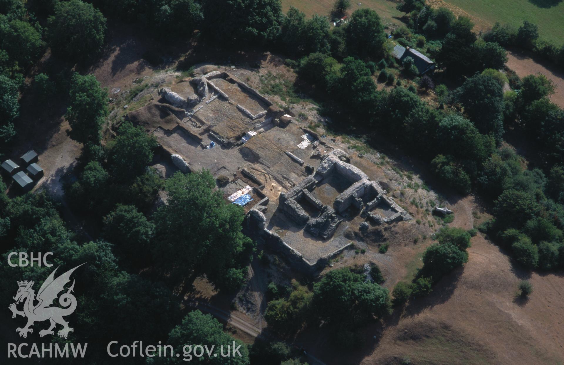 Slide of RCAHMW colour oblique aerial photograph of Dolforwyn Castle, taken by C.R. Musson, 26/8/1995.
